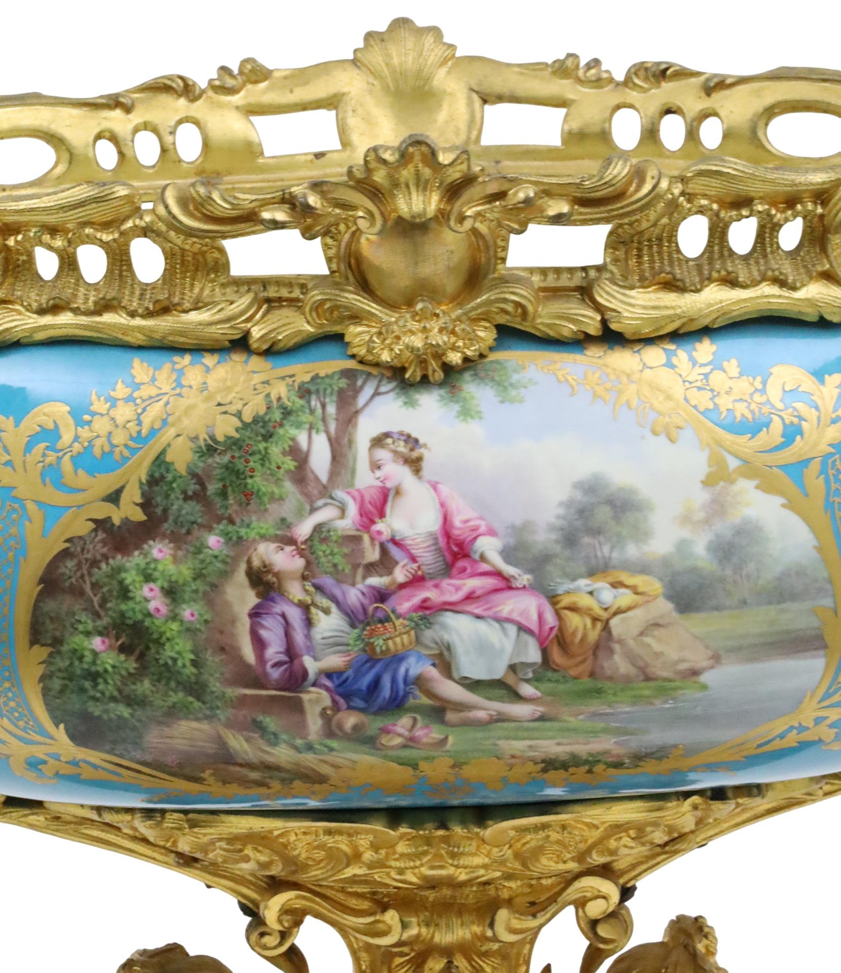 French Fine Doré Bronze Sevres Style Porcelain Centerpiece For Sale
