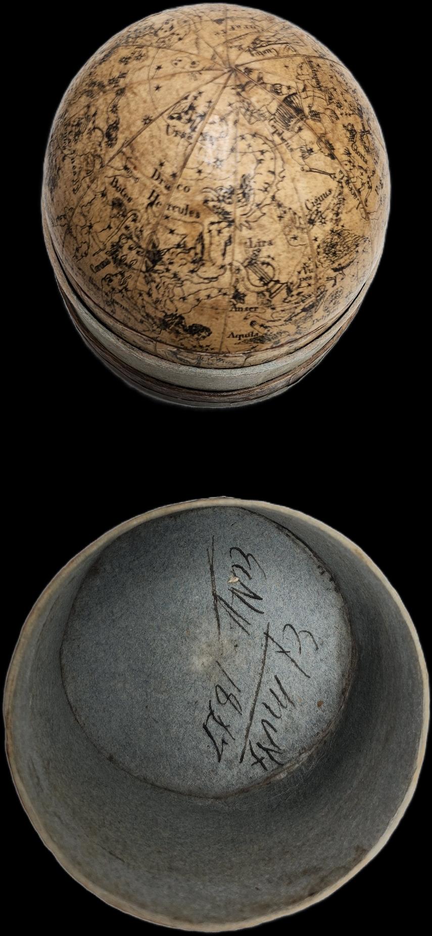 Editeur :        Carl Bauer (Allemagne, 1780-1857)
Lieu / Date :	Nürnberg, vers 1840
Taille :		Diamètre des globes 6,5 cm.
	
Globe terrestre et globe céleste 