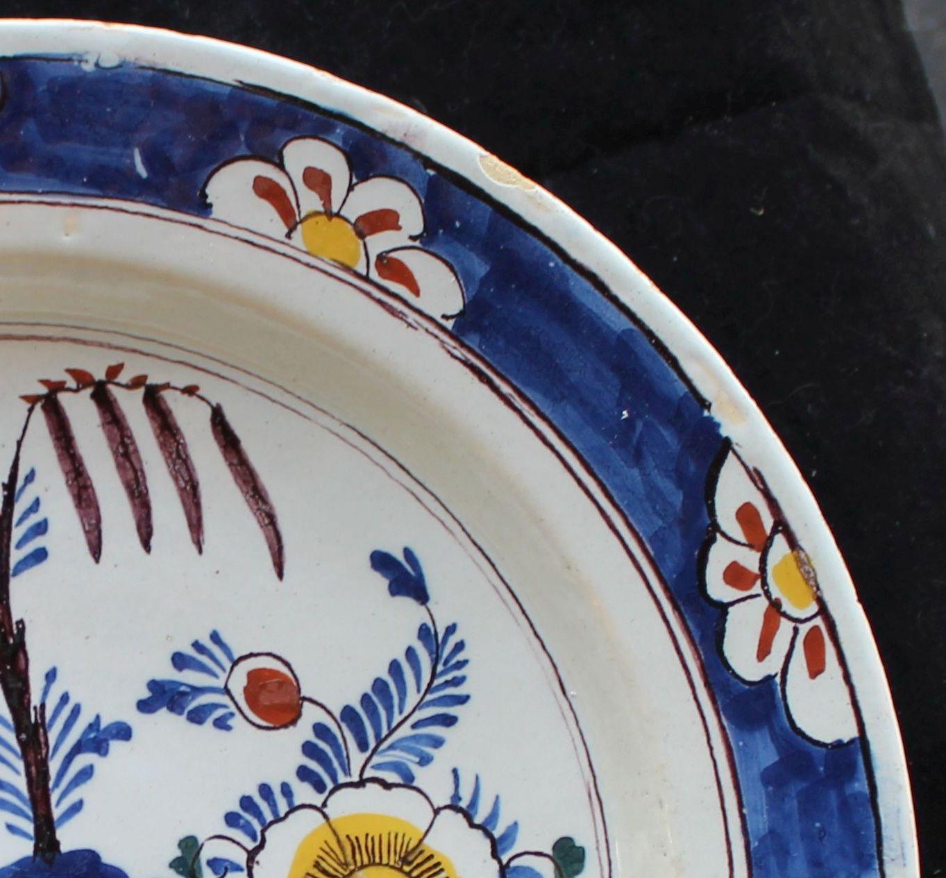 Hand-Painted Fine Dutch Delft Polychrome Charger, 1750-1800  For Sale