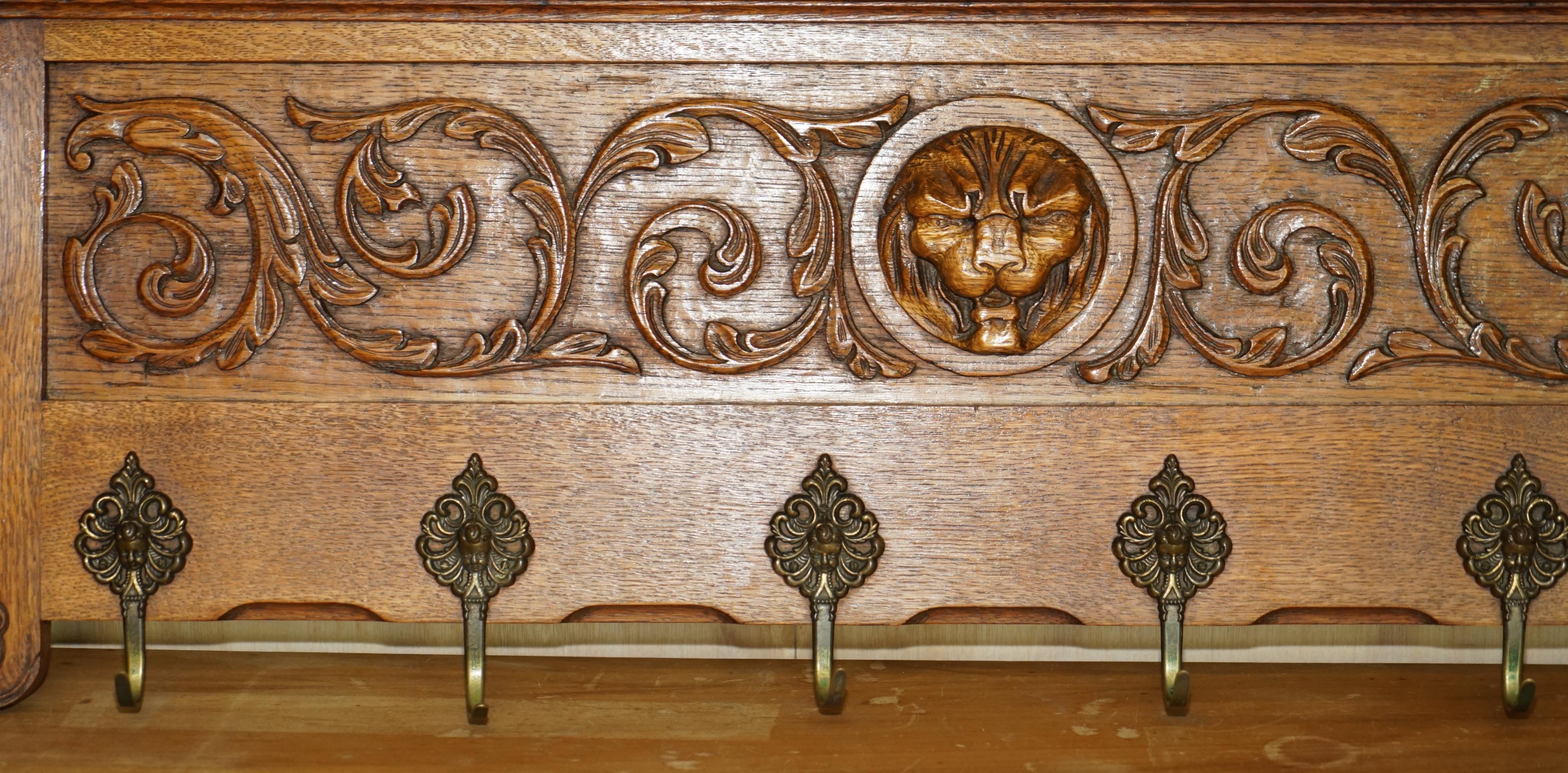 Danish Fine Dutch Heavily Carved Oak Coat Hat Scarf Wall Rack Hanger Lion Head Carved For Sale