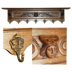 Fine Dutch Heavily Carved Oak Coat Hat Scarf Wall Rack Hanger Romantic Hooks