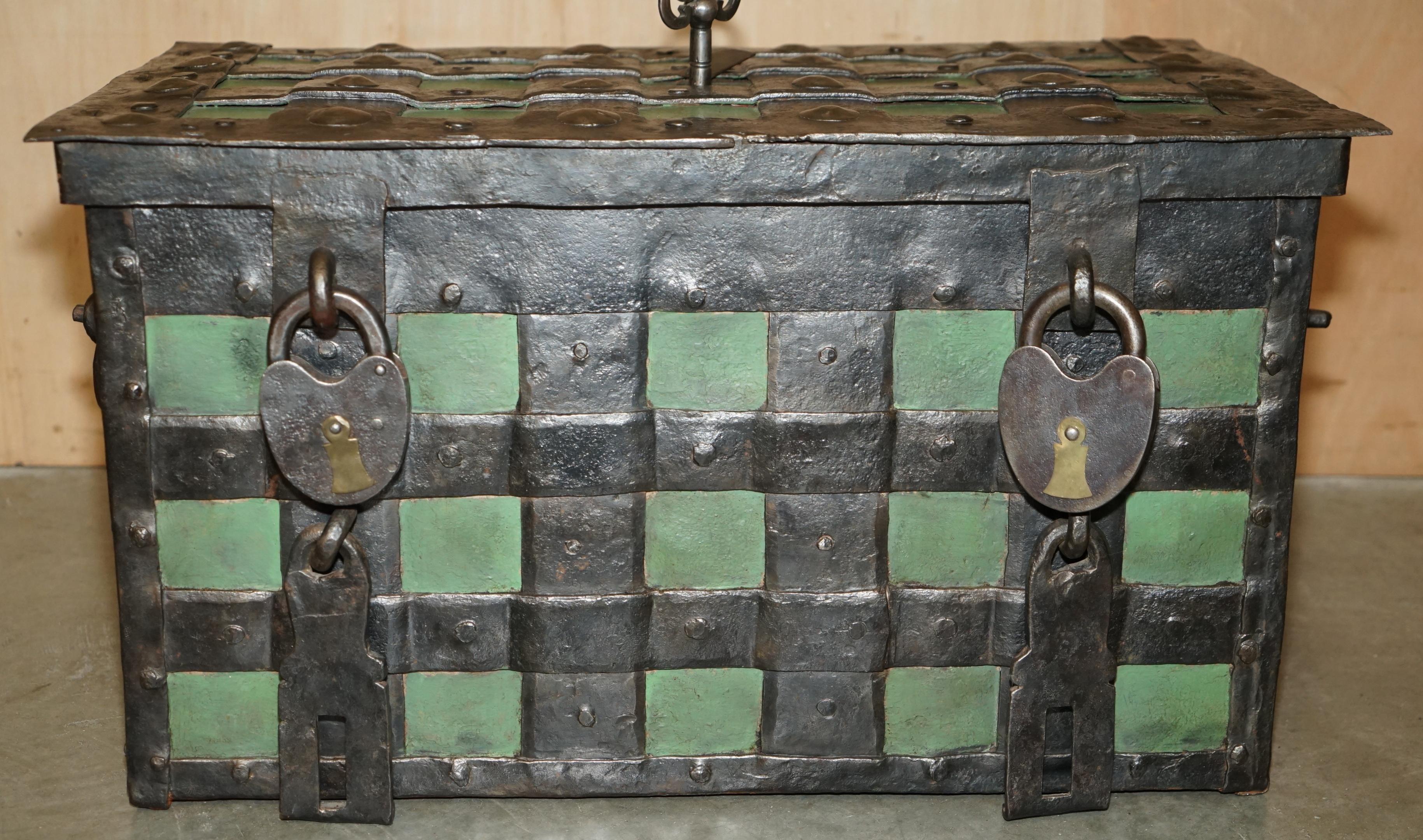 18th Century and Earlier FINE EARLY 17TH CENTURY GERMAN WROUGHT IRON SAFE CHEST TRUNK WiTH ORIGINAL KEY For Sale