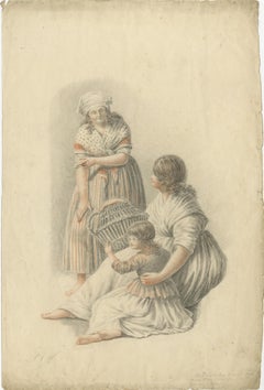 Fine Early 1800s Crayon Drawing – Women and Child, Dutch School