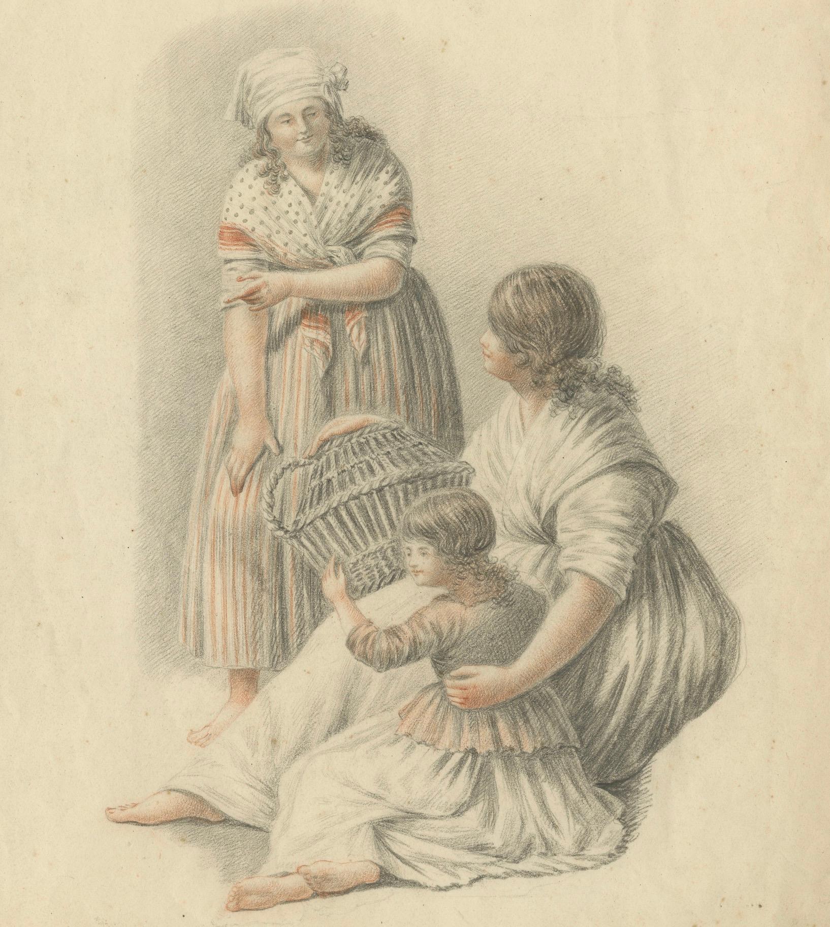 Feine frühe 1800er Buntstiftzeichnung - Frau und Kind, holländische Schule (Niederländisch) im Angebot