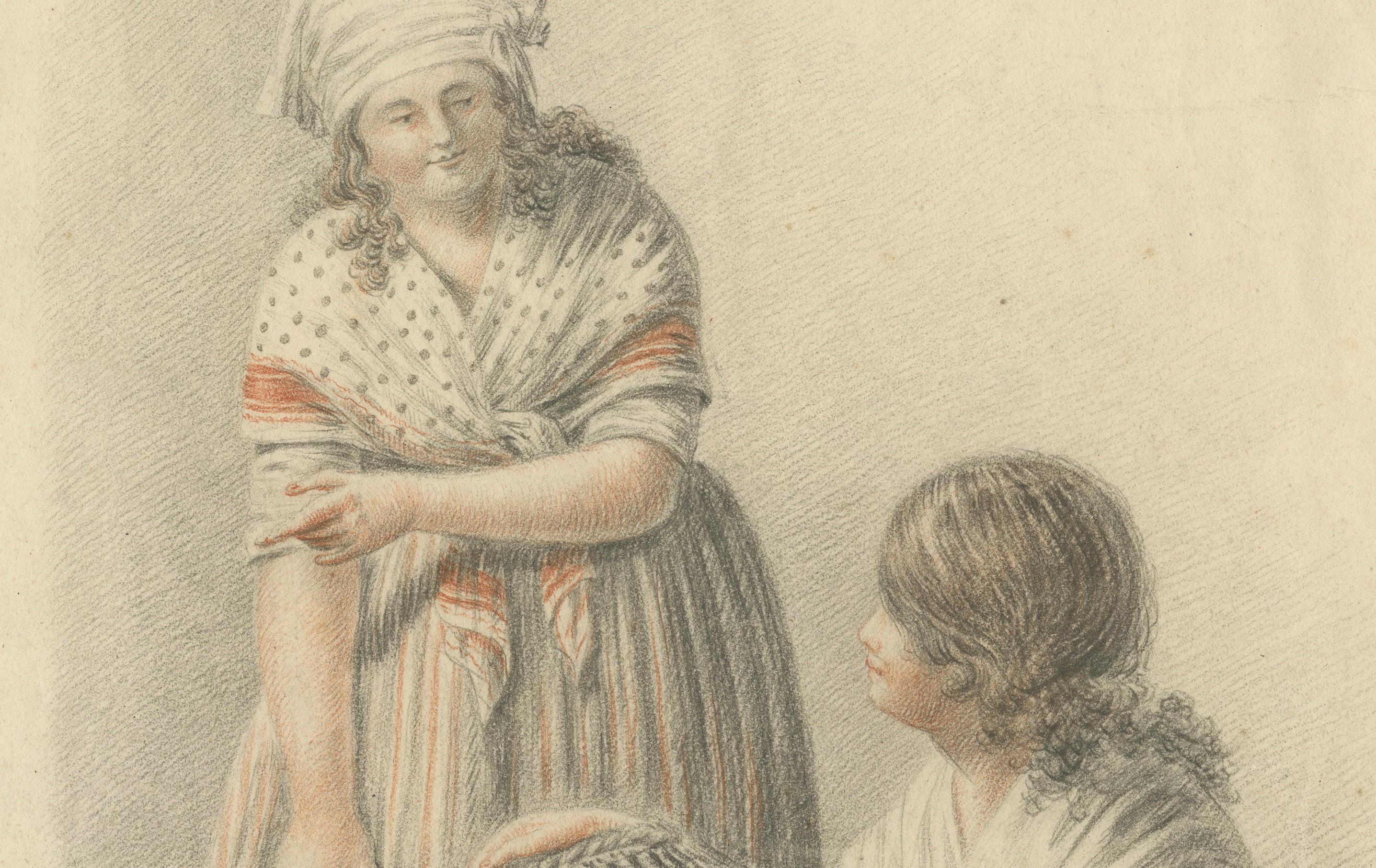 Feine frühe 1800er Buntstiftzeichnung - Frau und Kind, holländische Schule (19. Jahrhundert) im Angebot