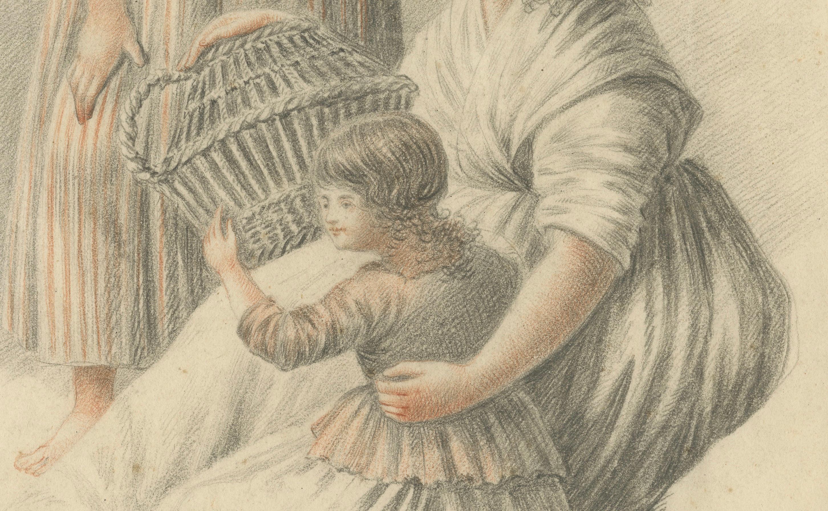 Feine frühe 1800er Buntstiftzeichnung - Frau und Kind, holländische Schule (Papier) im Angebot