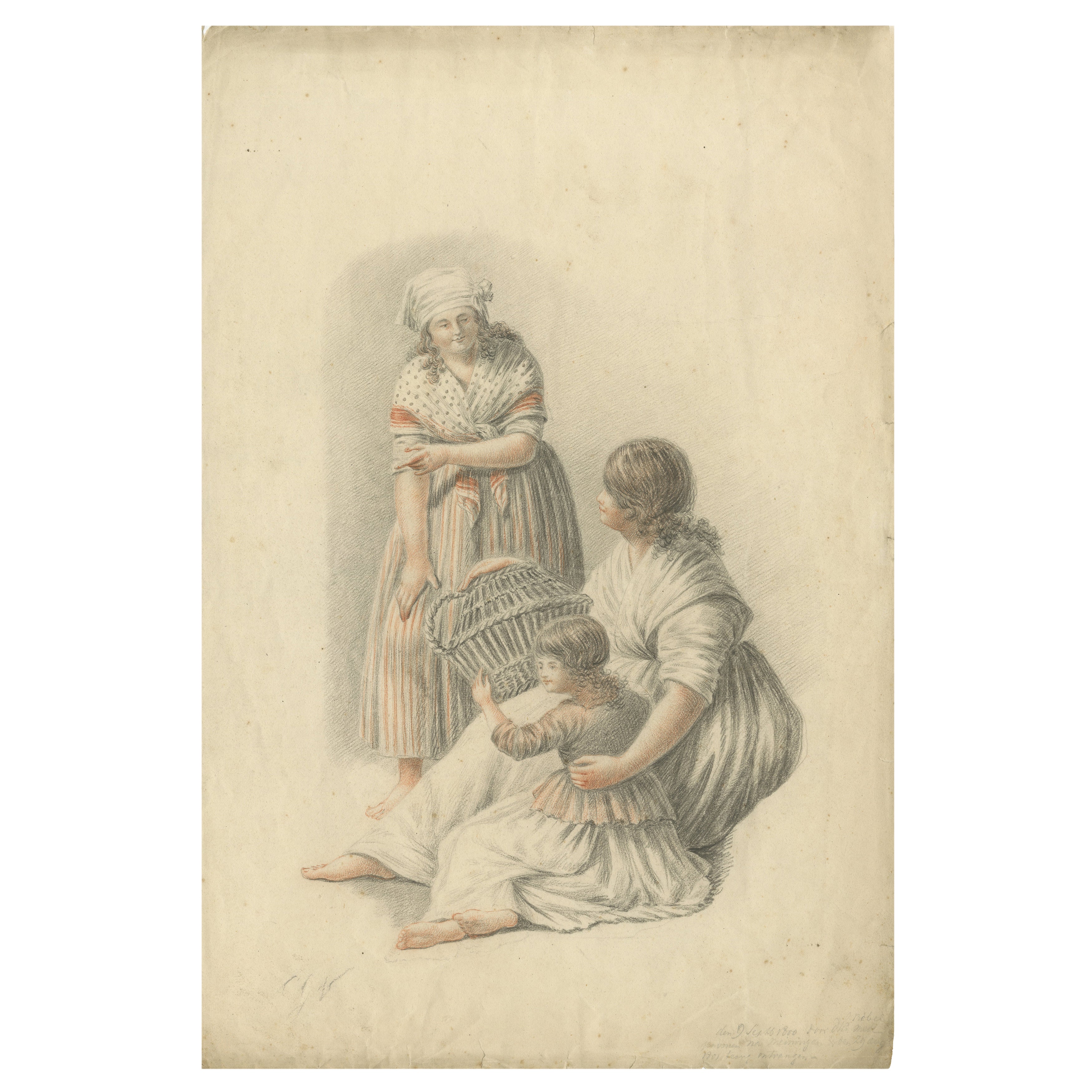 Fine Early 1800s Crayon Drawing – Women and Child, Dutch School
