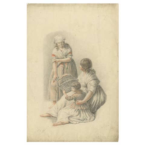 Fine Early 1800s Crayon Drawing – Women and Child, Dutch School