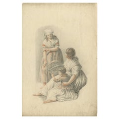 Fine Early 1800s Crayon Drawing – Women and Child, Dutch School