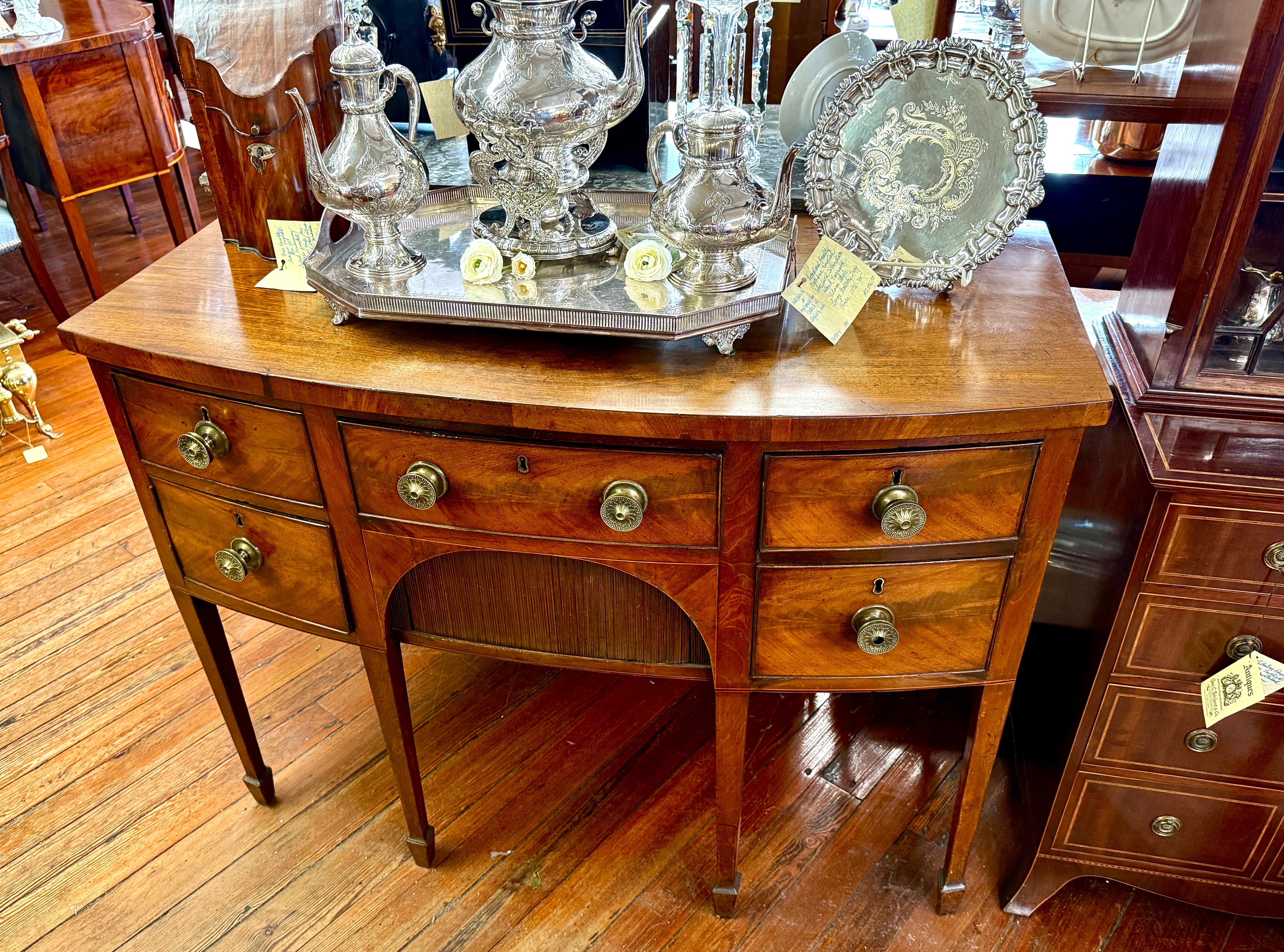 Hand-Crafted Fine Early 19th C. Geo. III Figured Mahogany Bowfront Hepplewhite Sideboard For Sale