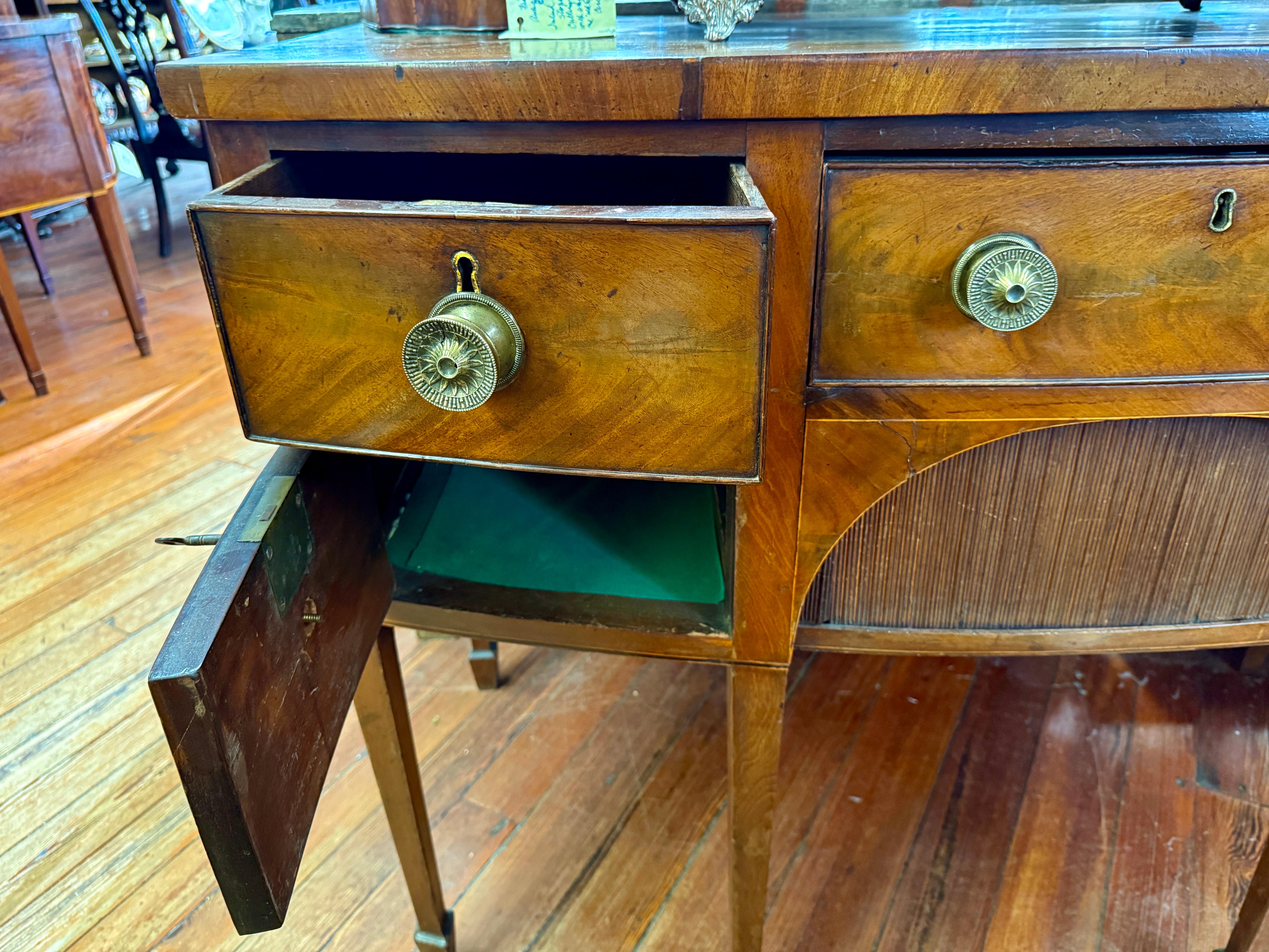 Fine Early 19th C. Geo. III Figured Mahogany Bowfront Hepplewhite Sideboard For Sale 1