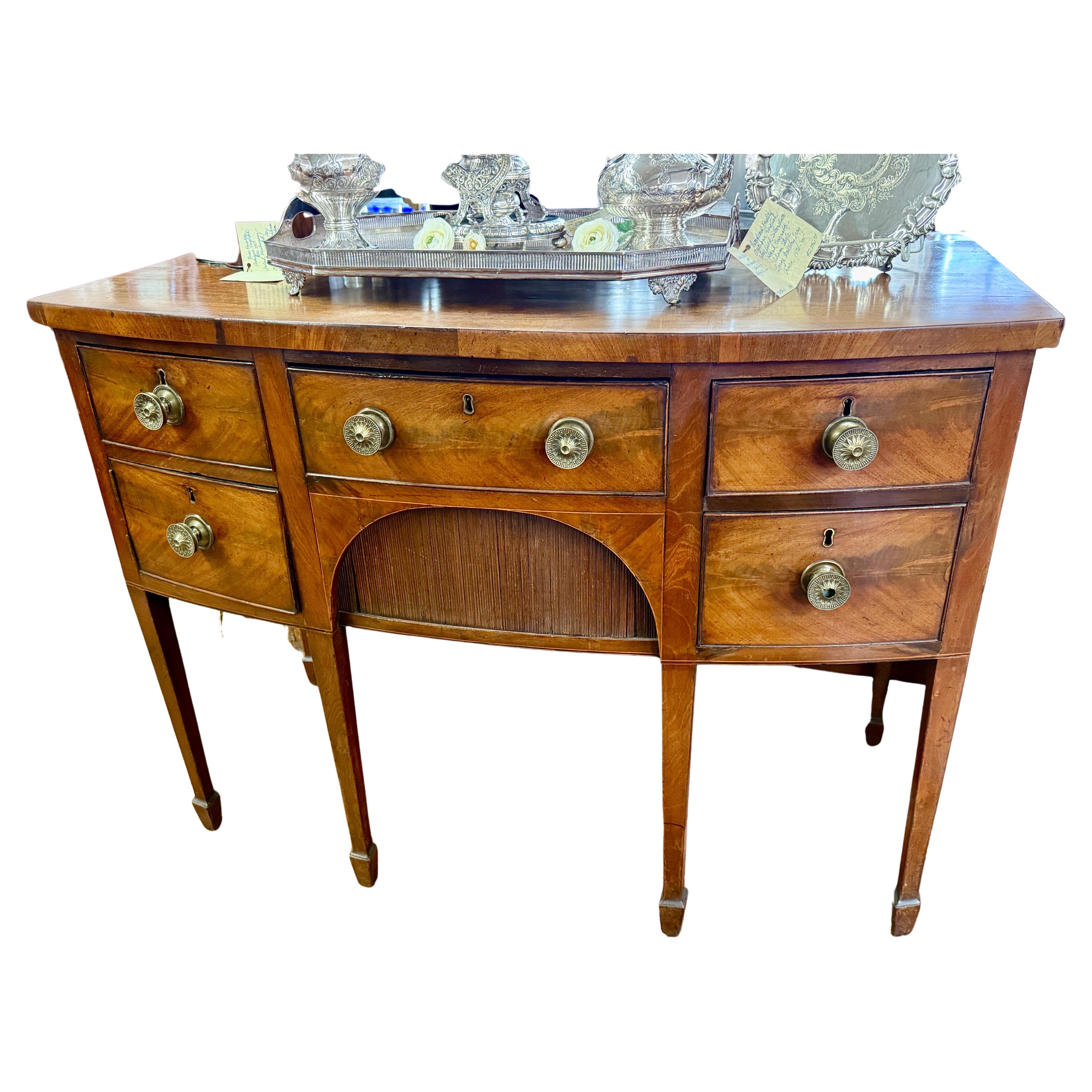 Fine Early 19th C. Geo. III Figured Mahogany Bowfront Hepplewhite Sideboard For Sale