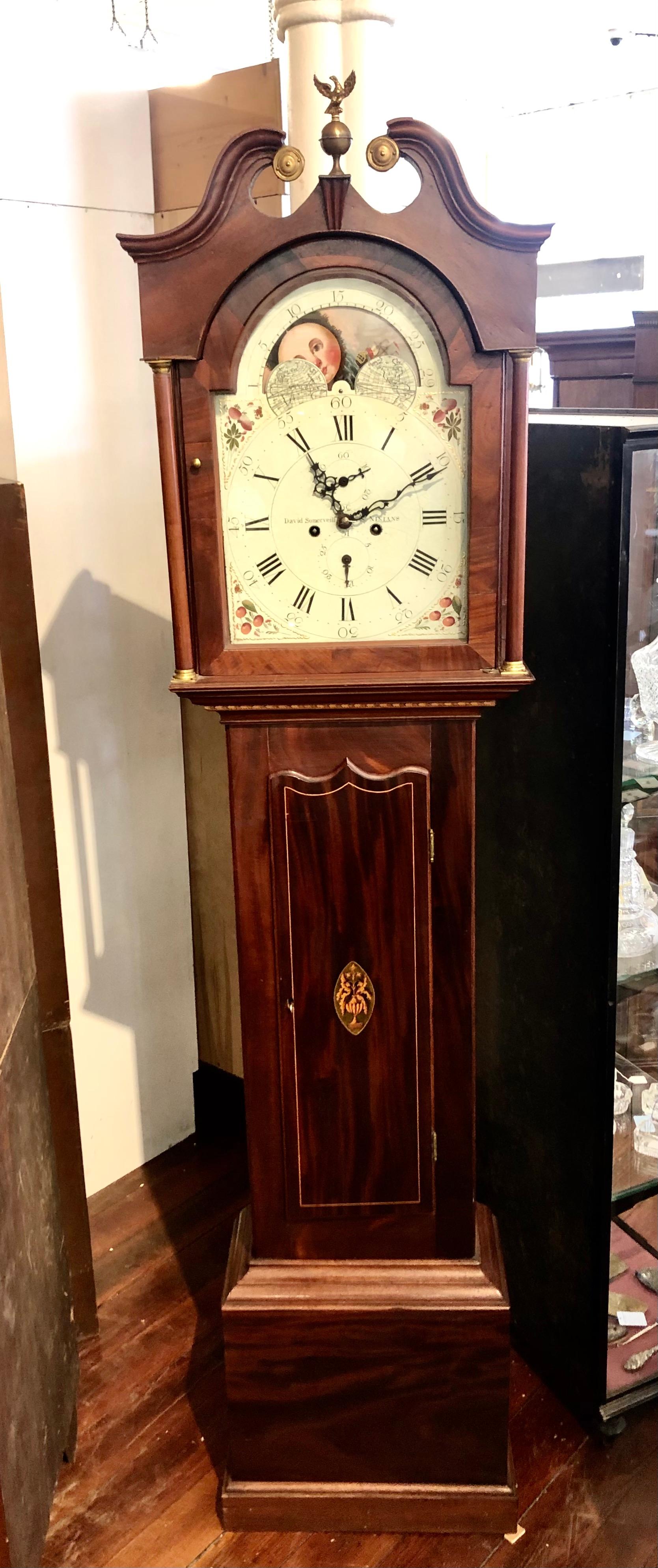 Fine Scottish Inlaid Mahogany Painted Dial Moon Phase Longcase Clock 8