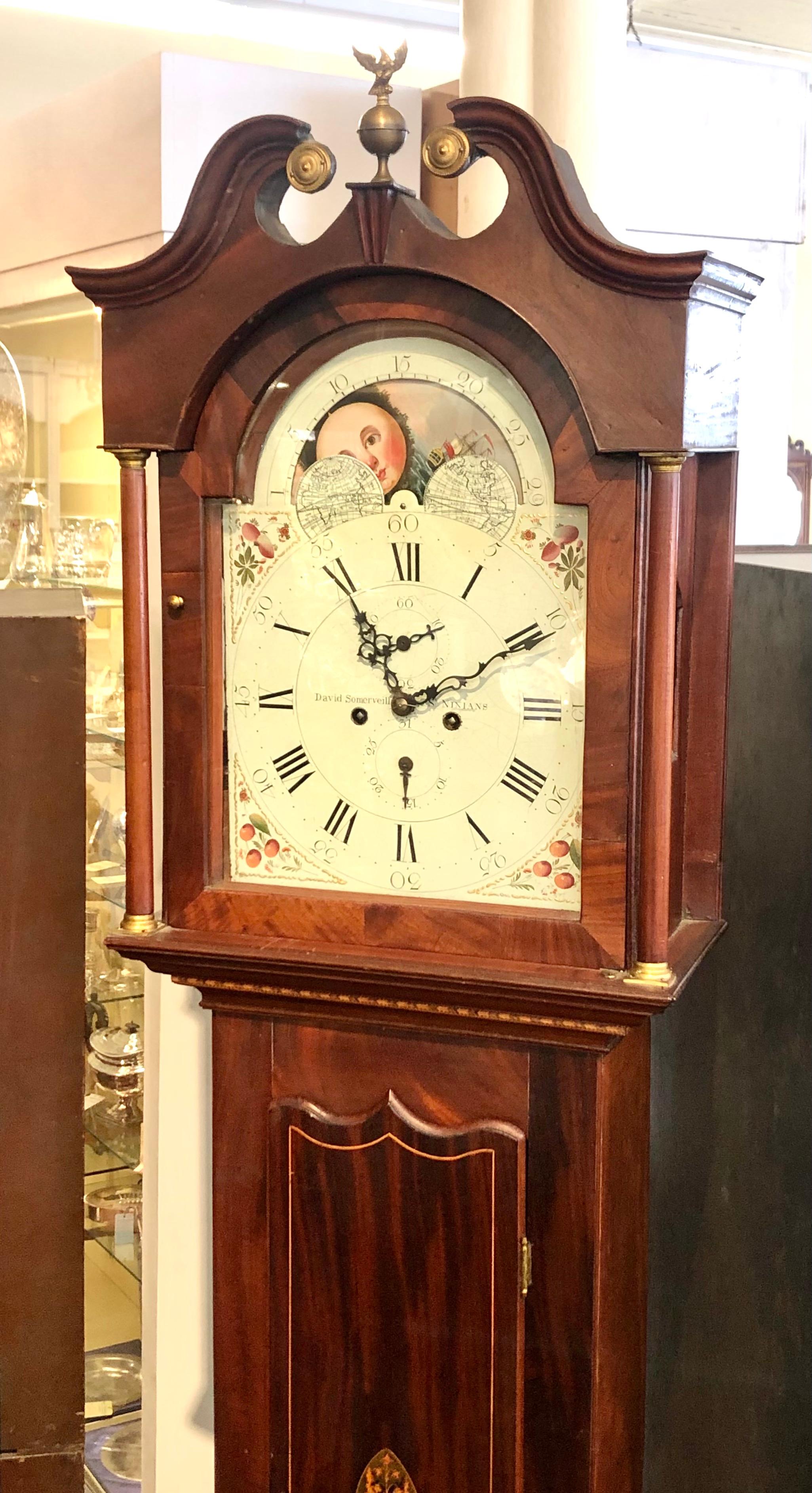 George III Fine Scottish Inlaid Mahogany Painted Dial Moon Phase Longcase Clock
