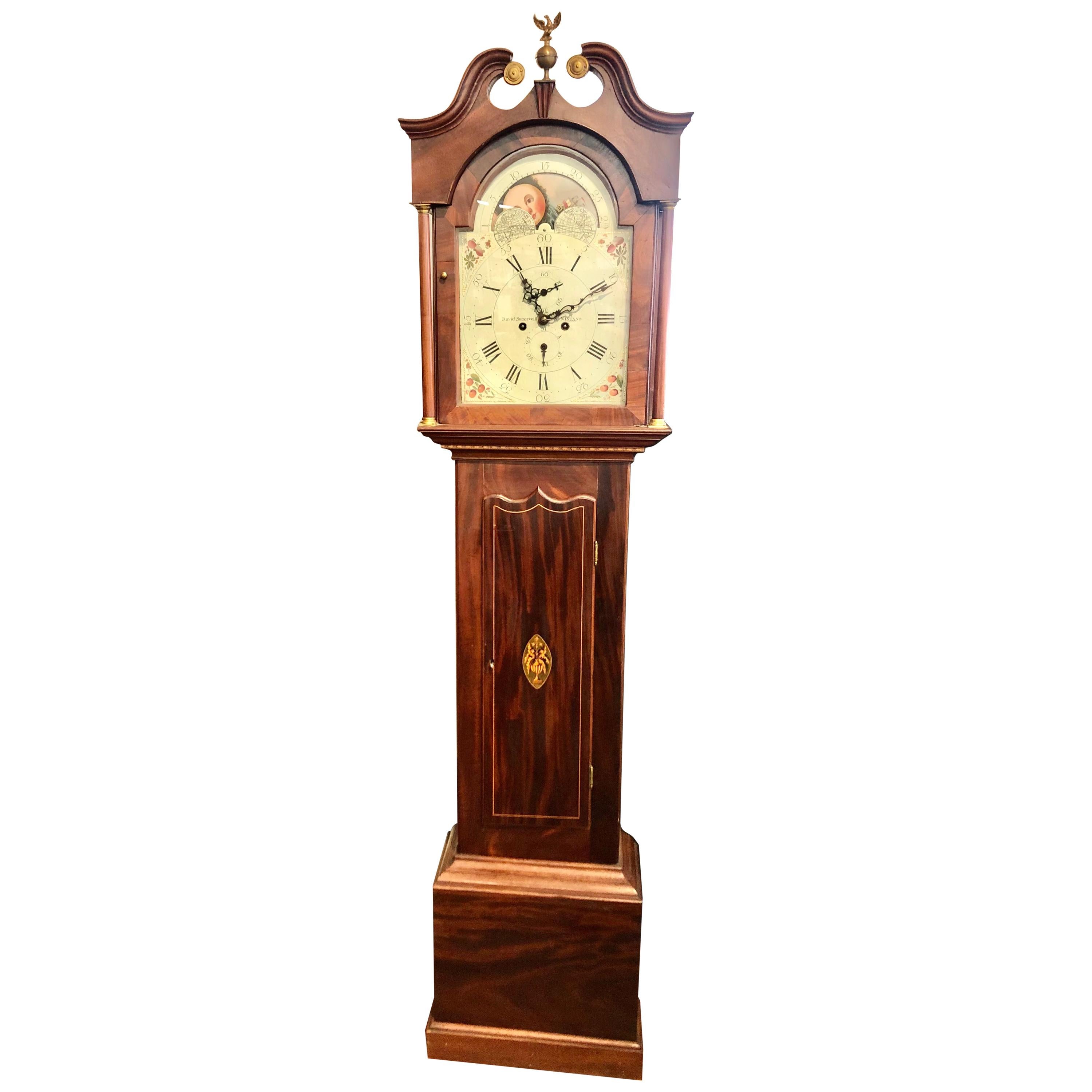 Fine Scottish Inlaid Mahogany Painted Dial Moon Phase Longcase Clock