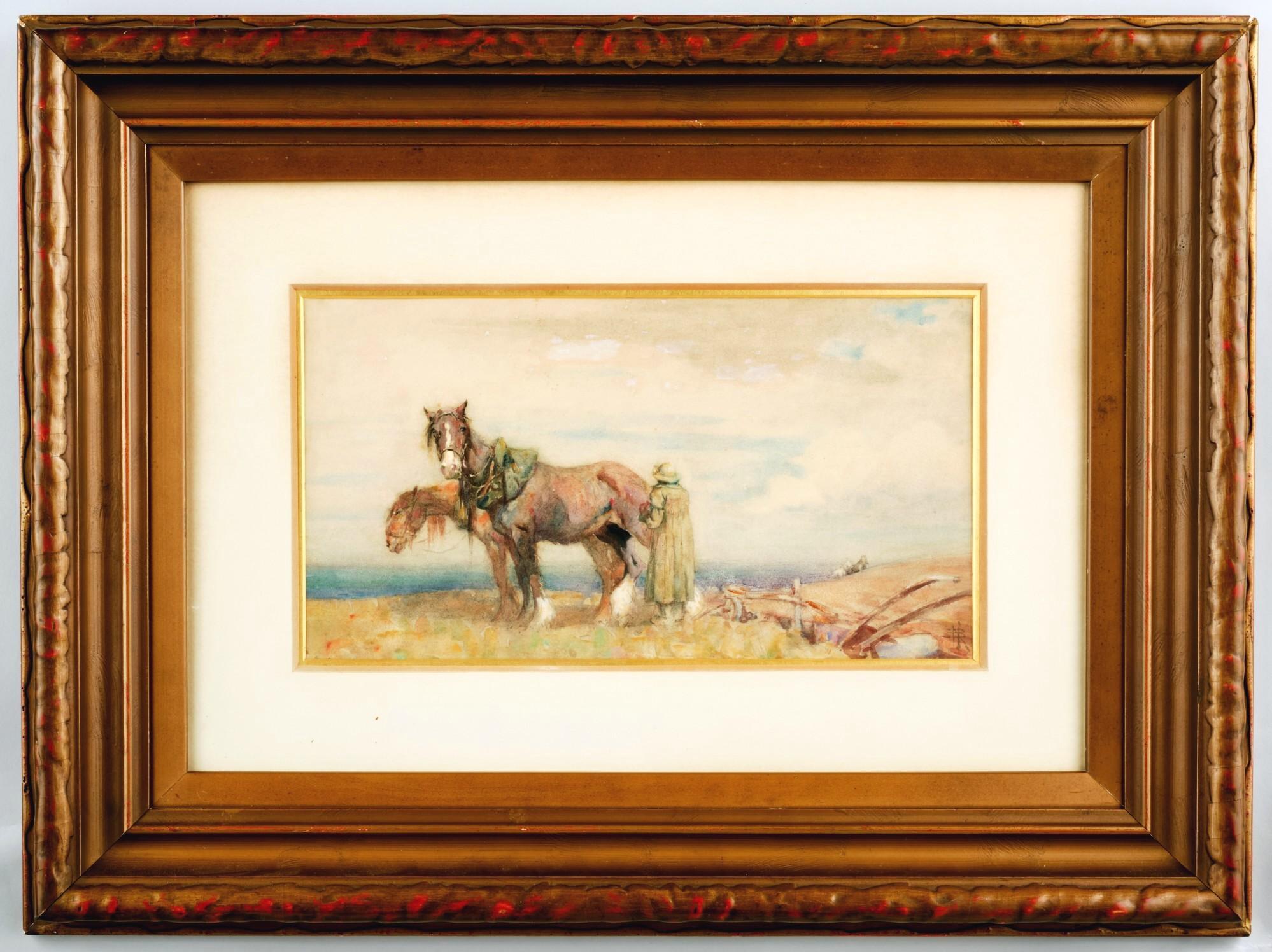 A very charming & finely executed early 20th century equine watercolour by highly regarded British watercolourist, Nathaniel Hughes John Baird. 
Signed with monogram bottom right, mounted within what appears to be its original molded gesso frame.   