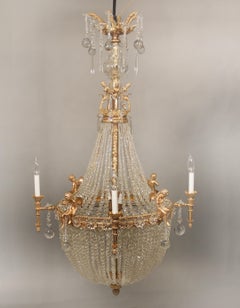 Fine Early 20th Century Gilt Bronze and Crystal Ten-Light Basket Chandelier