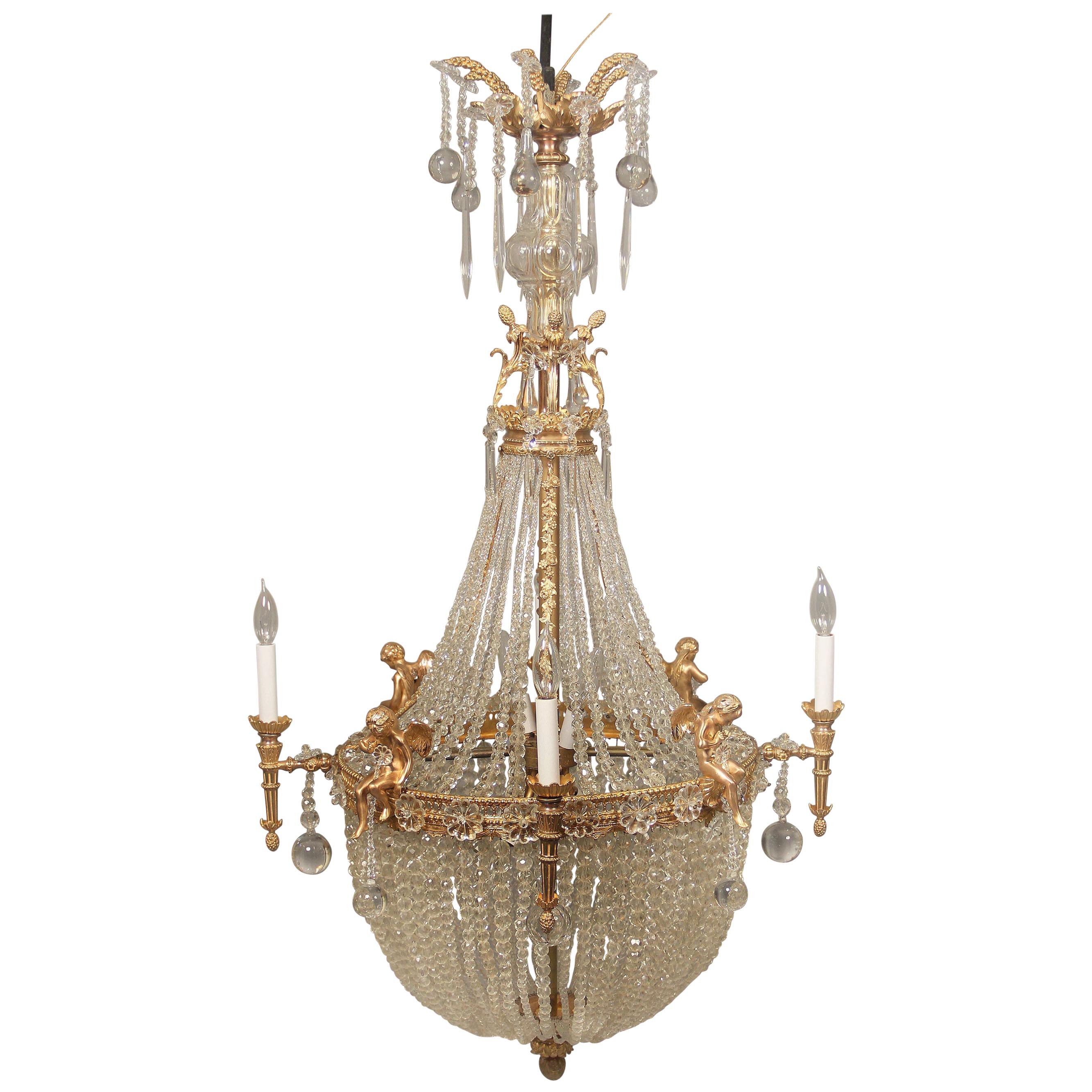 Fine Early 20th Century Gilt Bronze and Crystal Ten-Light Basket Chandelier For Sale