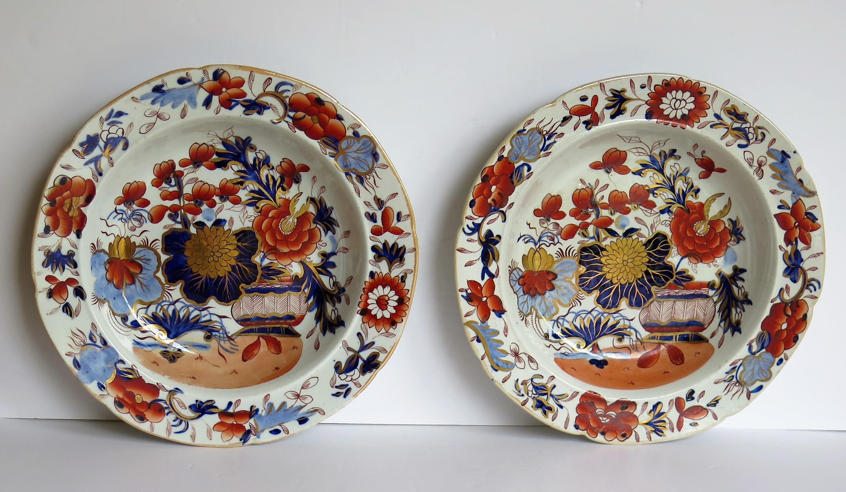 Hand-Painted Fine Early Pair of Mason's Ironstone Soup Bowls Gilded Basket Japan Pattern