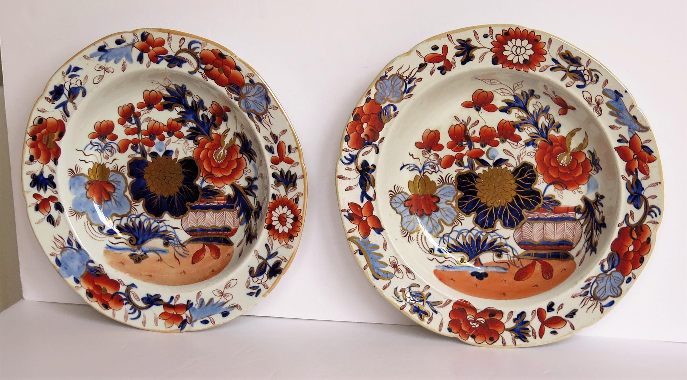 Fine Early Pair of Mason's Ironstone Soup Bowls Gilded Basket Japan Pattern 1
