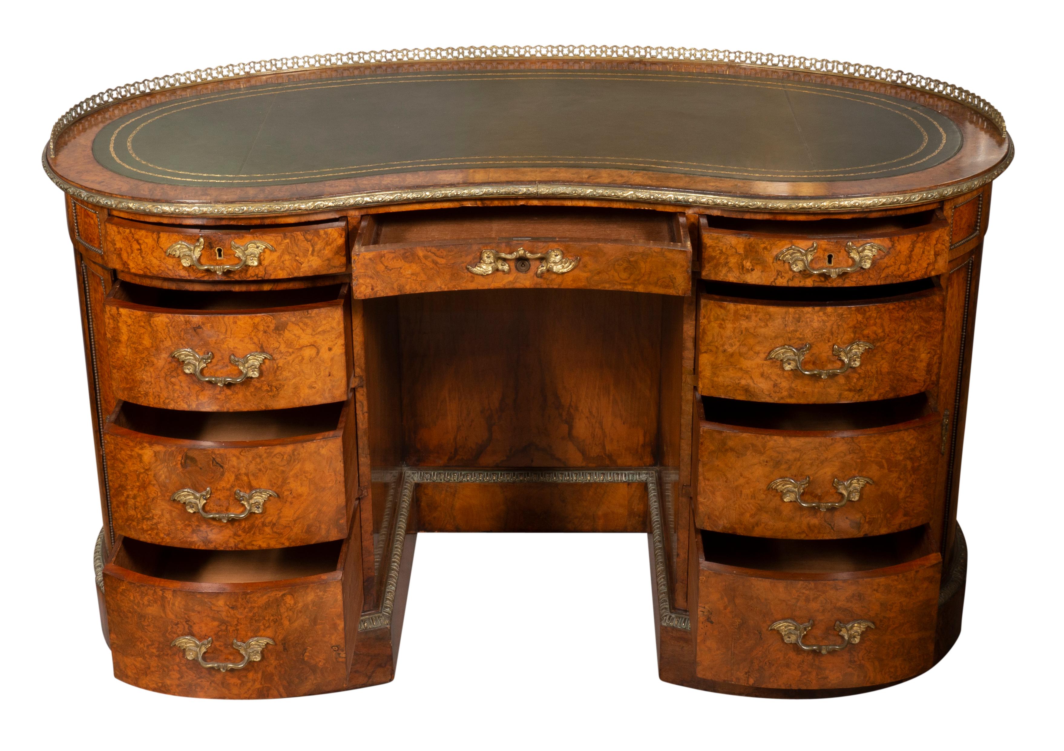 Fine Early Victorian Burl Walnut Kidney Shaped Desk For Sale 1