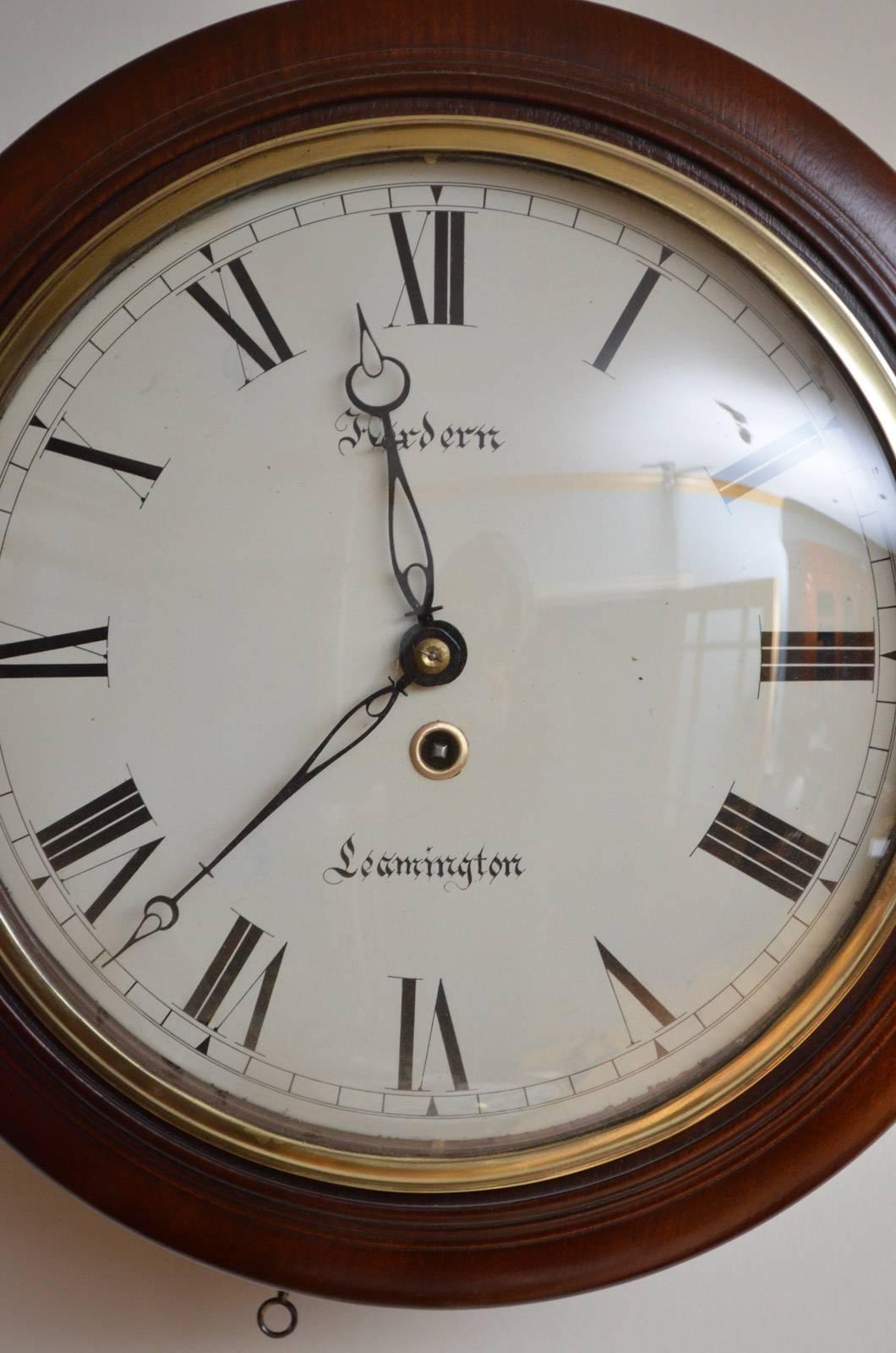 Sn3412, very attractive early Victorian wall clock, having original brass bezel, painted dial with Roman numerals signed Hordern Leamington, original hands and single fuse movement, all in mahogany case, circa 1850.
The movement has been cleaned