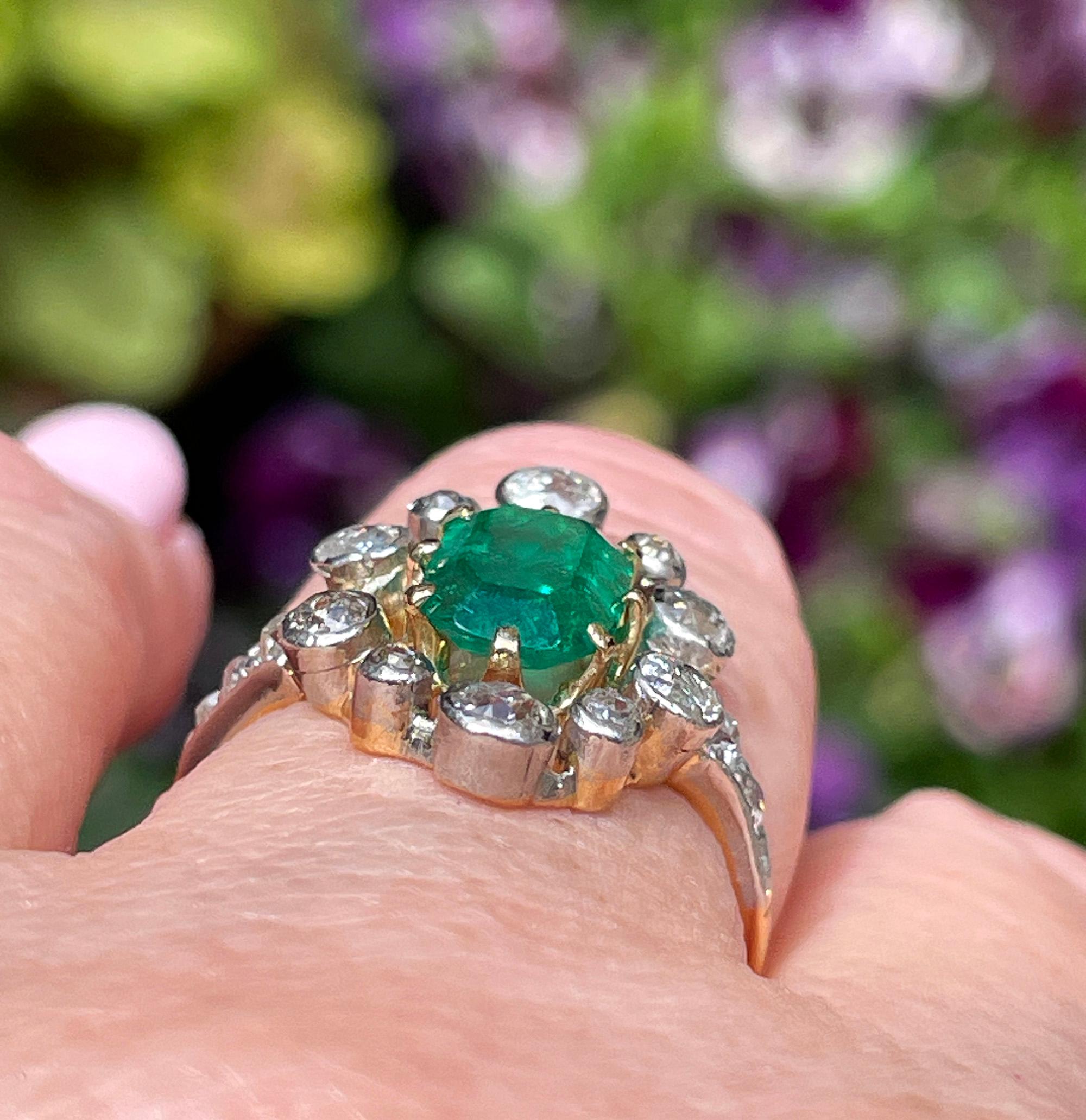 Anillo eduardiano de esmeralda COLOMBIANA de 3,28 quilates GIA y diamante de talla europea de 18 quilates en plata 4