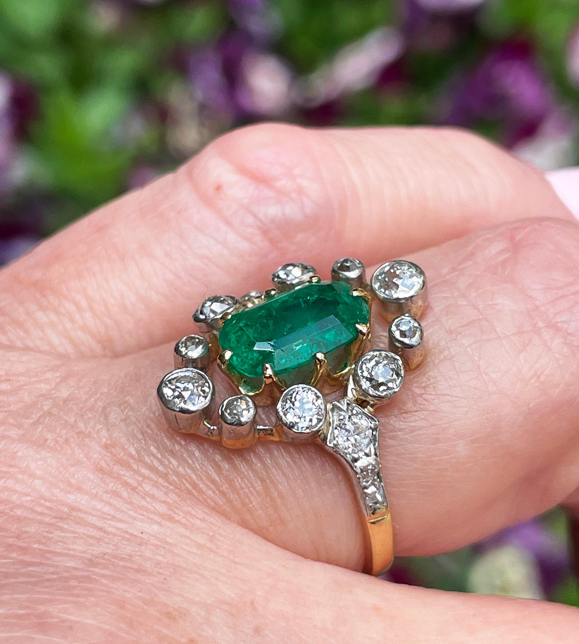 Anillo eduardiano de esmeralda COLOMBIANA de 3,28 quilates GIA y diamante de talla europea de 18 quilates en plata 8
