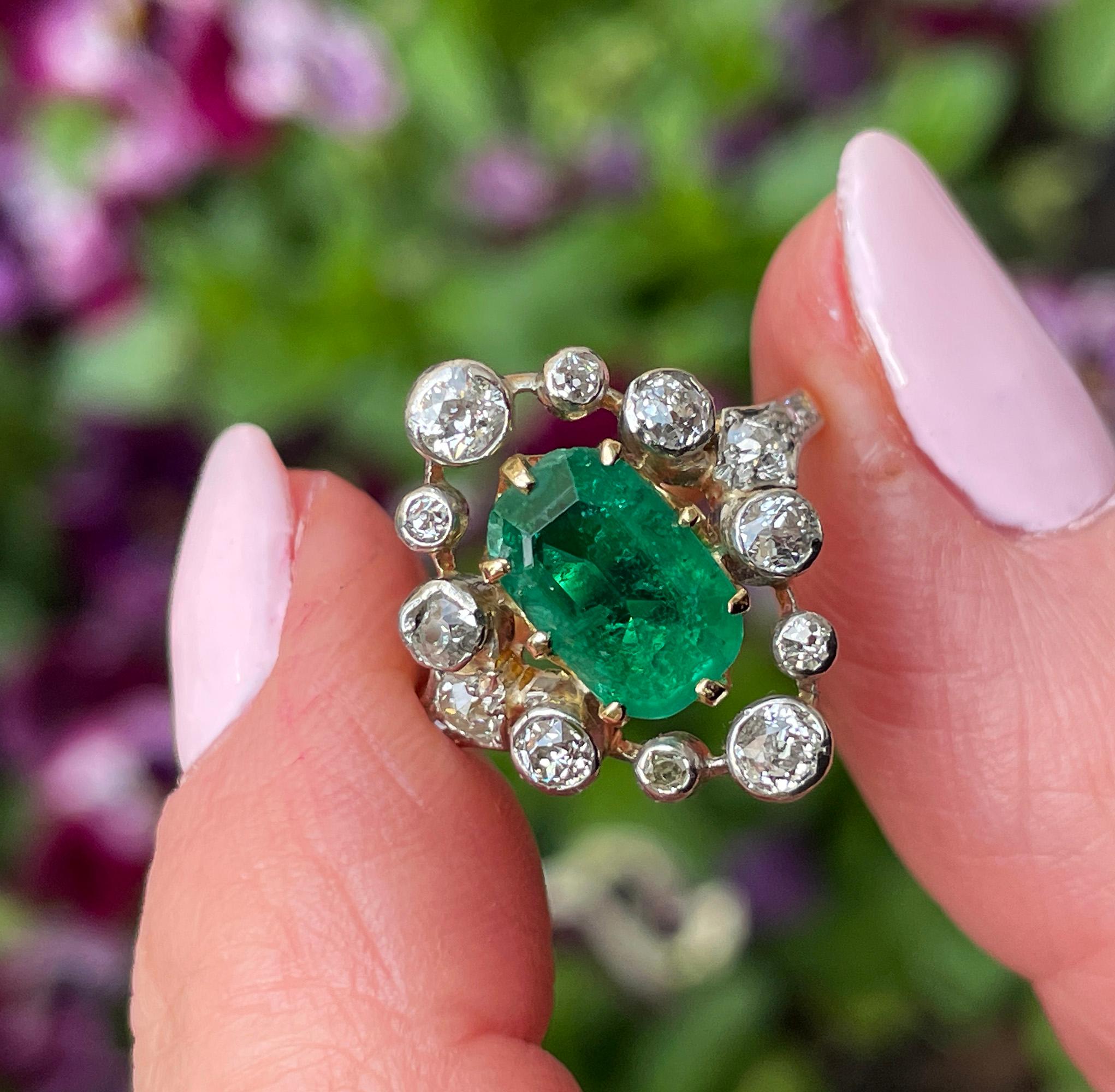 Anillo eduardiano de esmeralda COLOMBIANA de 3,28 quilates GIA y diamante de talla europea de 18 quilates en plata 9
