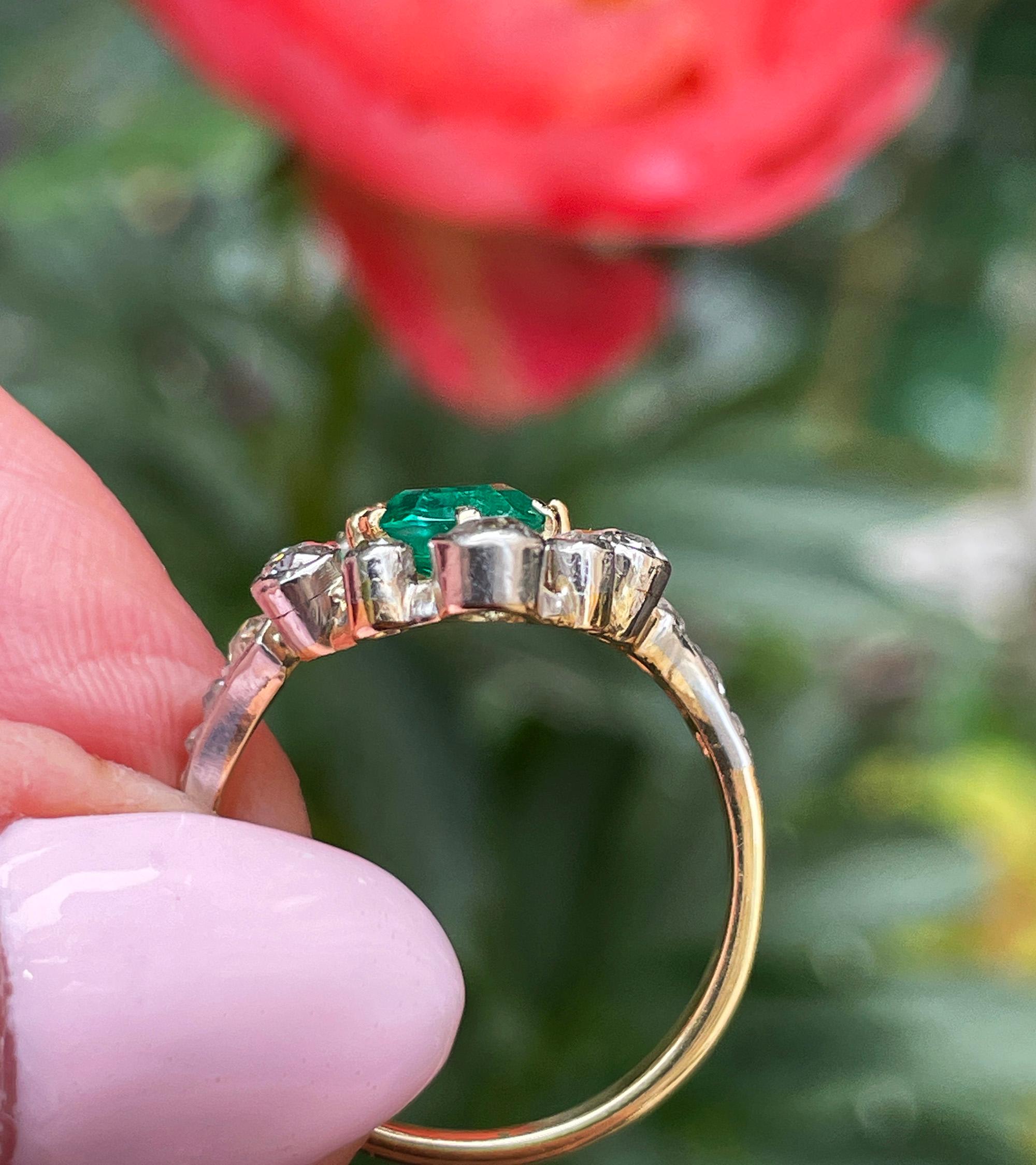 Anillo eduardiano de esmeralda COLOMBIANA de 3,28 quilates GIA y diamante de talla europea de 18 quilates en plata 10