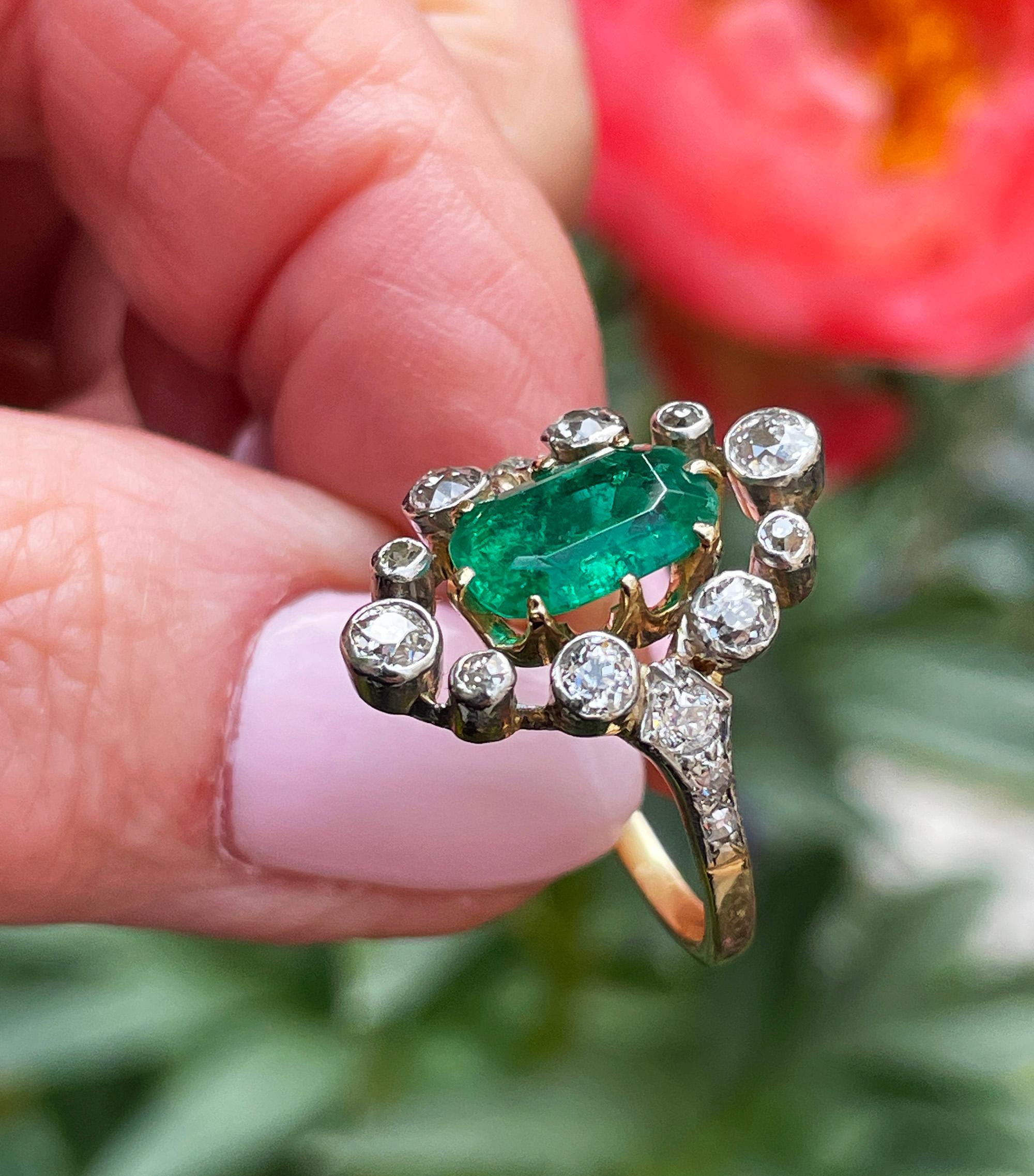 Anillo eduardiano de esmeralda COLOMBIANA de 3,28 quilates GIA y diamante de talla europea de 18 quilates en plata 11