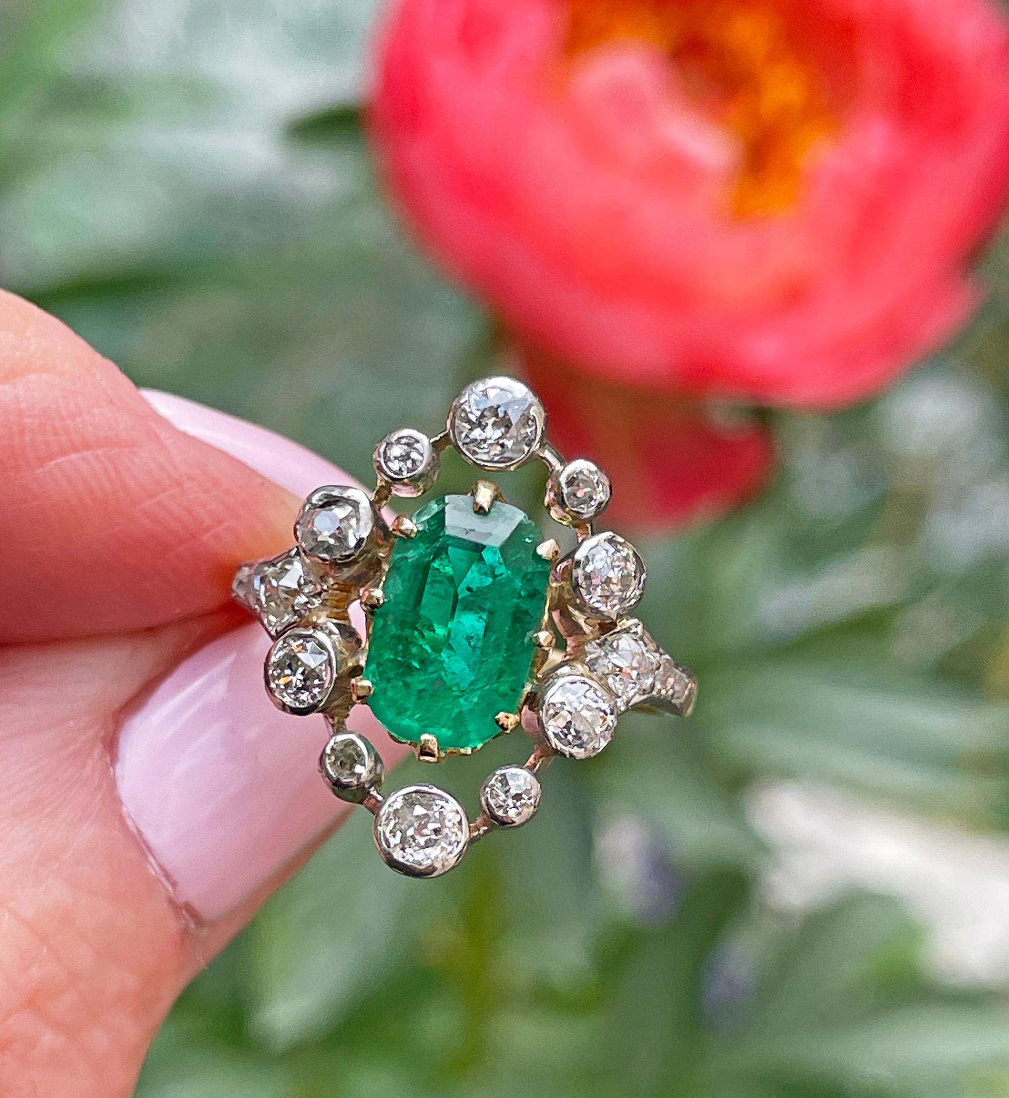 Anillo eduardiano de esmeralda COLOMBIANA de 3,28 quilates GIA y diamante de talla europea de 18 quilates en plata 12