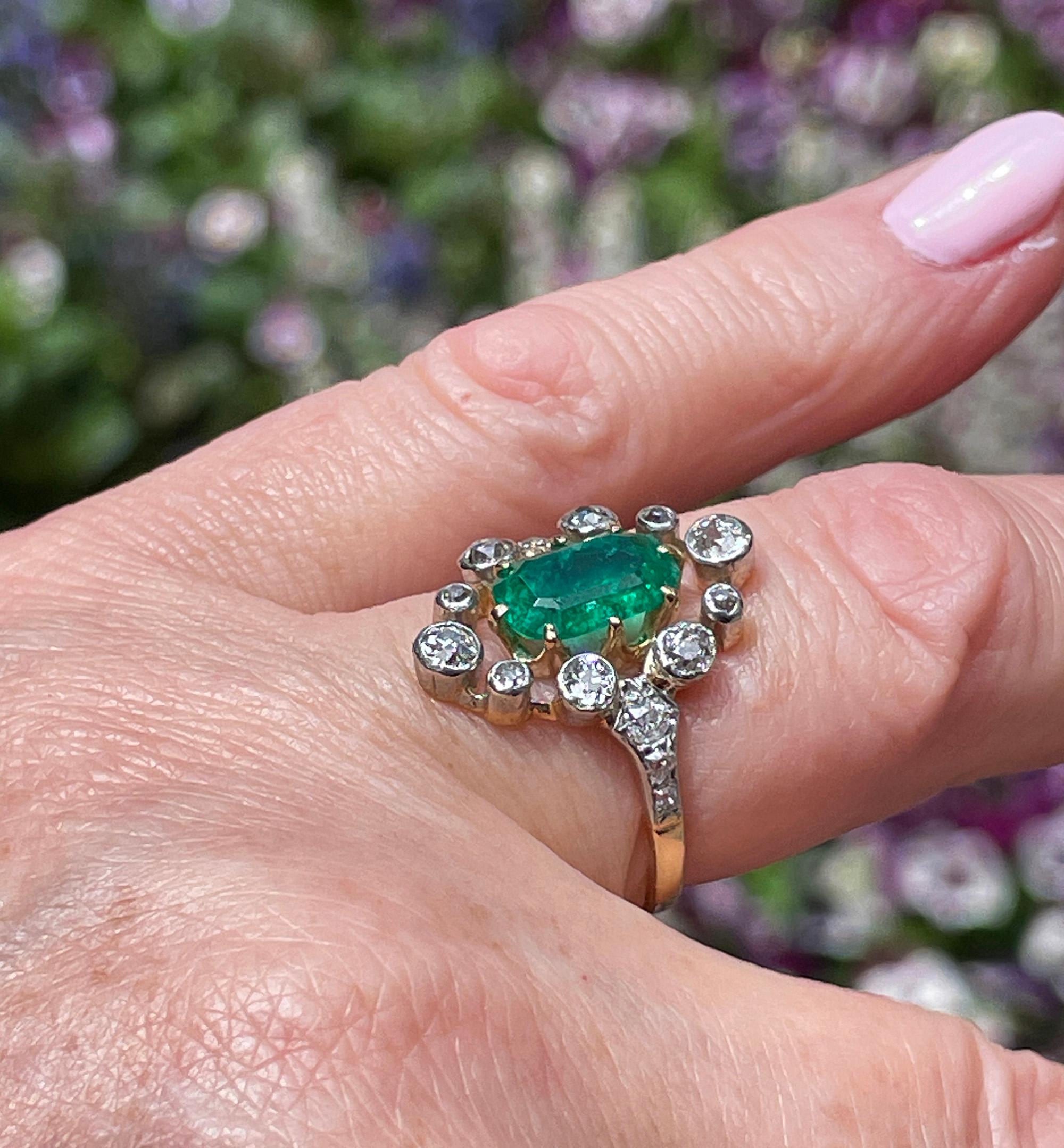 Anillo eduardiano de esmeralda COLOMBIANA de 3,28 quilates GIA y diamante de talla europea de 18 quilates en plata 3