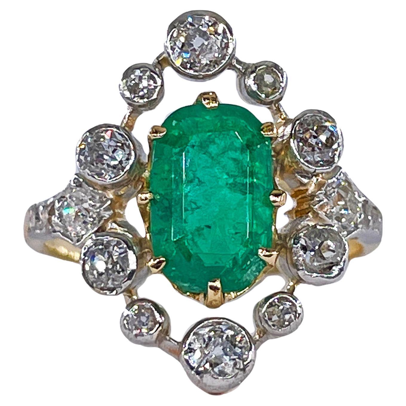 Anillo eduardiano de esmeralda COLOMBIANA de 3,28 quilates GIA y diamante de talla europea de 18 quilates en plata