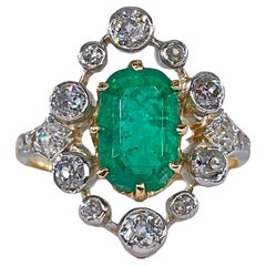 Bague édouardienne 3,28 carats GIA COLOMBIAN Emerald & OLD European Cut Diamond 18K Plat