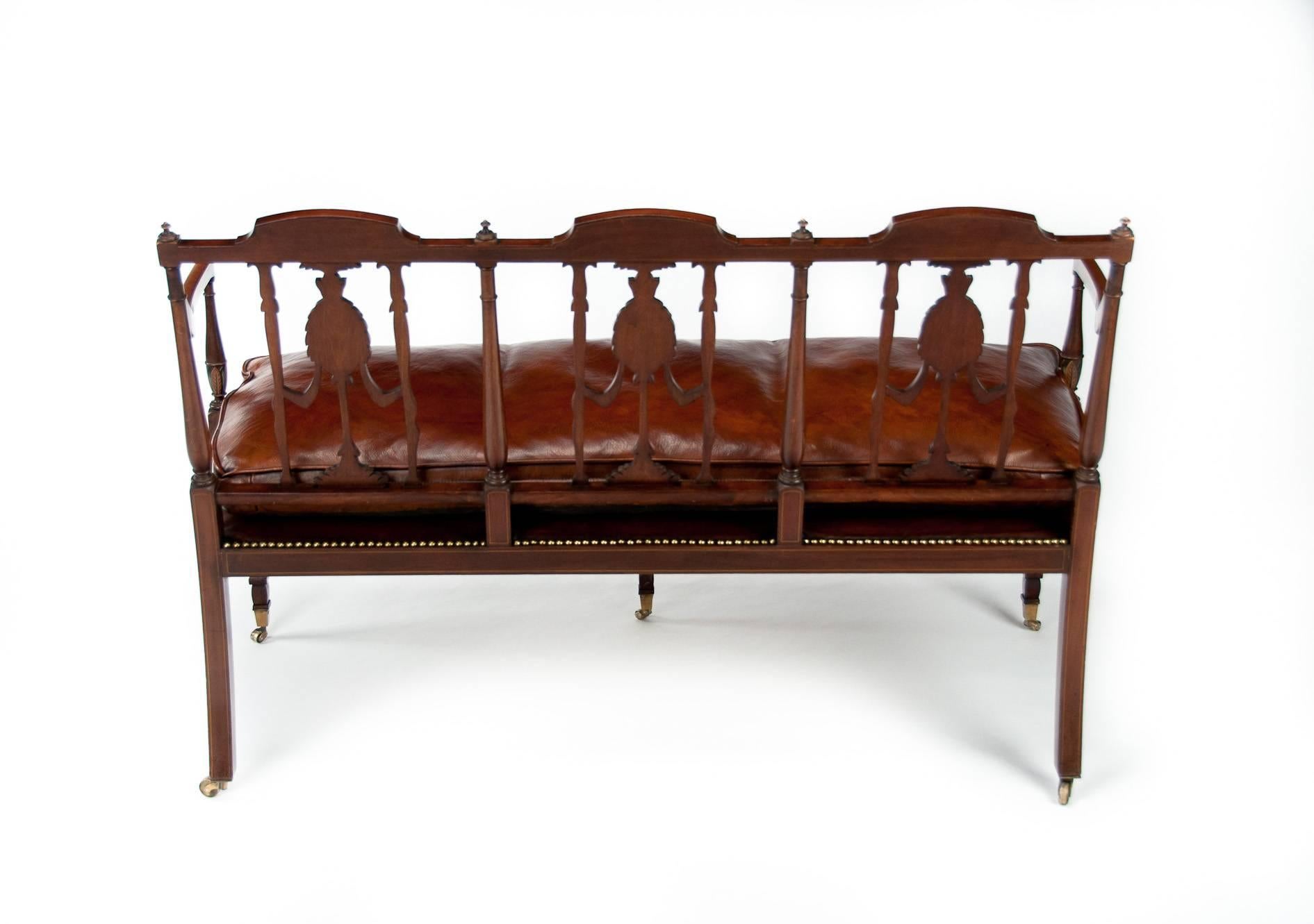 Fine Edwardian Inlaid and Neoclassical Style Painted Leather Settee 4