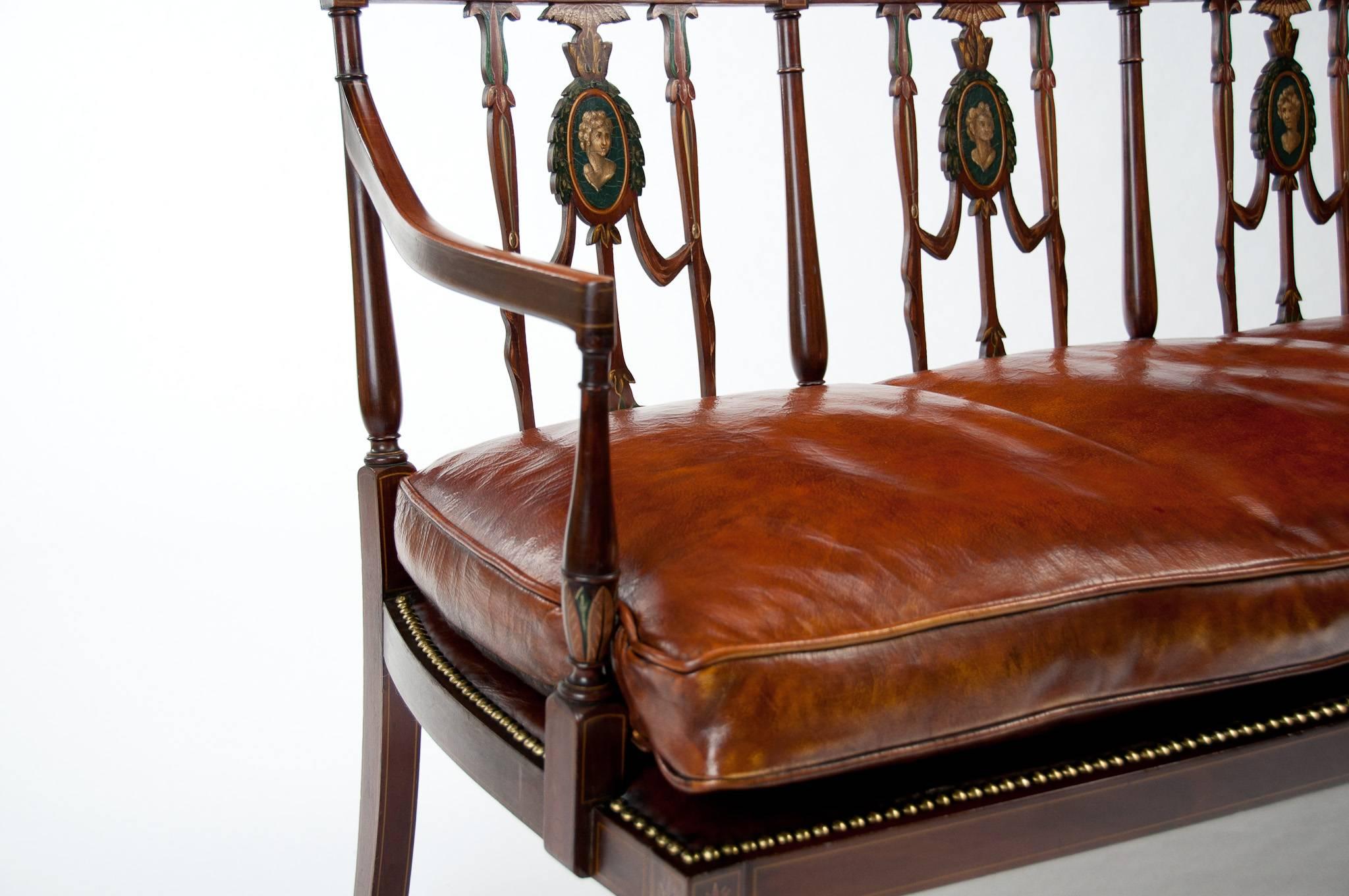 Fine Edwardian Inlaid and Neoclassical Style Painted Leather Settee In Excellent Condition In Benington, Herts