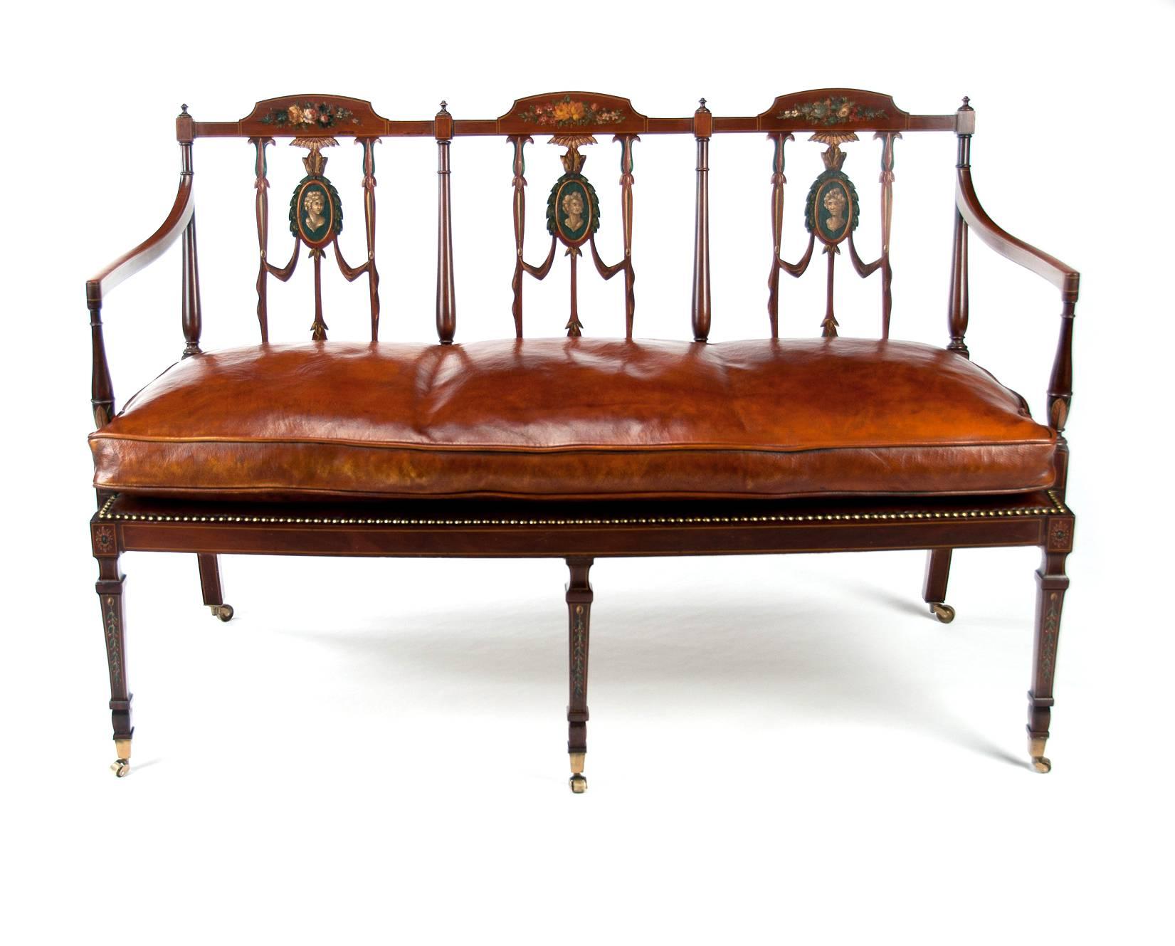 Early 20th Century Fine Edwardian Inlaid and Neoclassical Style Painted Leather Settee