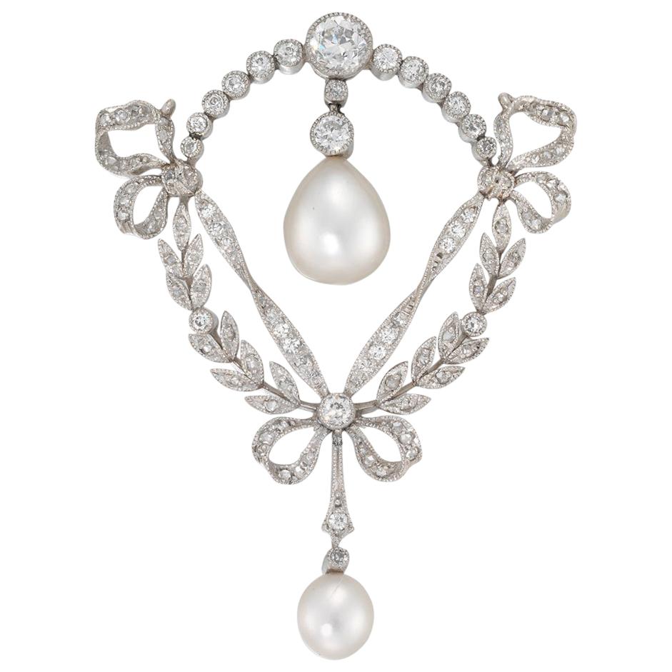 Fine Edwardian Natural Pearl and Diamond Necklace/ Brooch