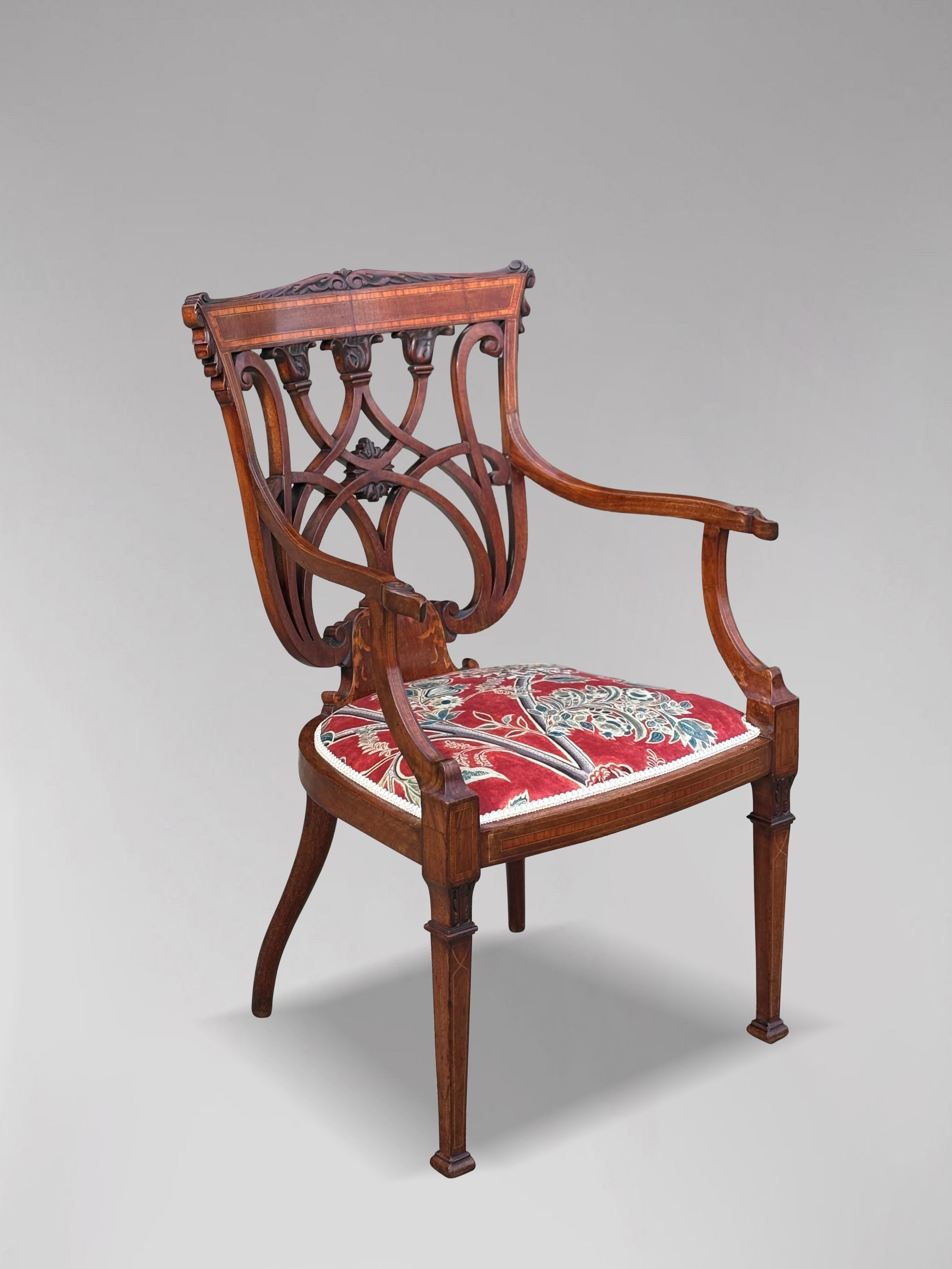 British Fine Edwardian Period Marquetry and Inlay Occasional Armchair For Sale