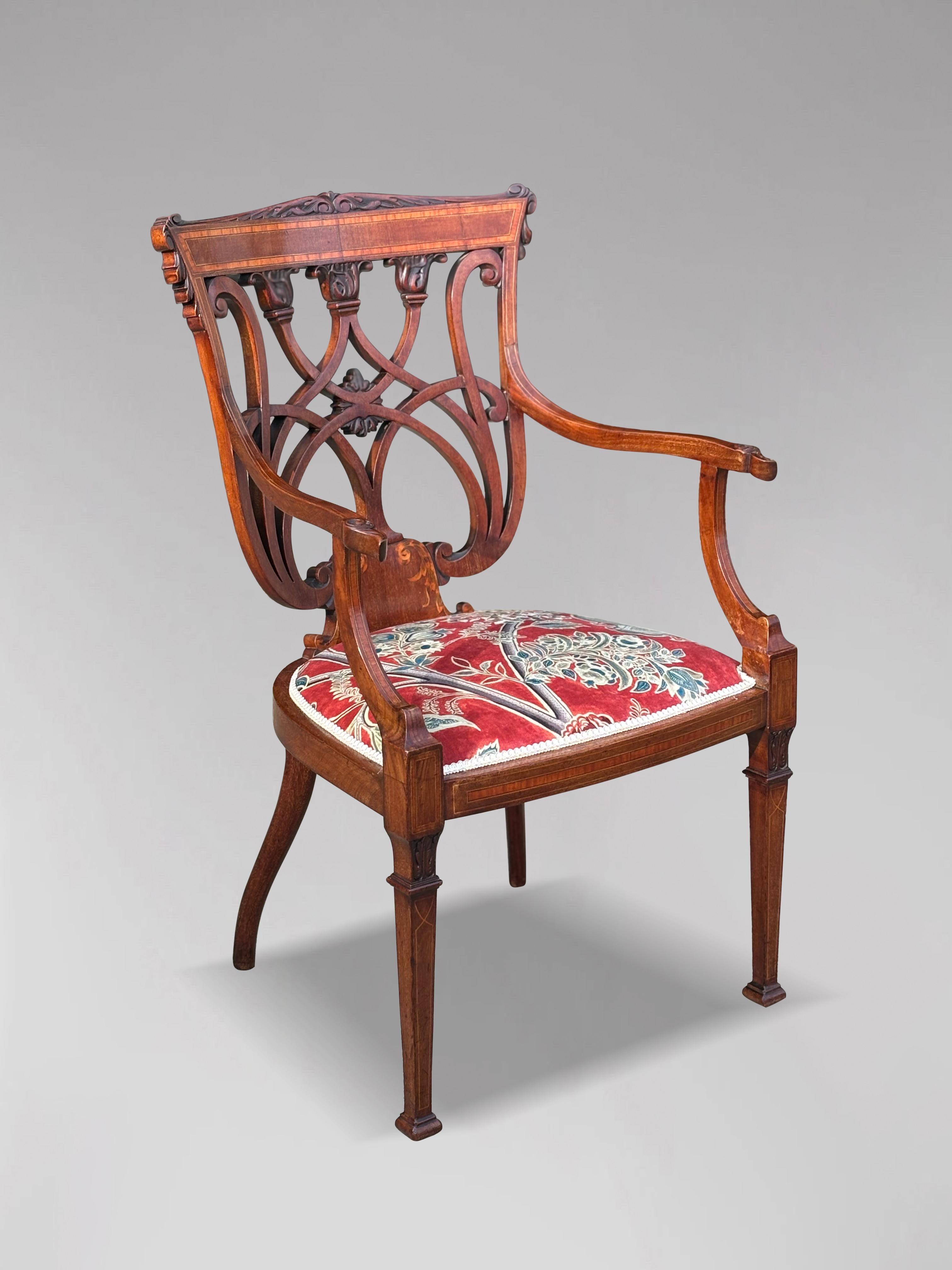 20th Century Fine Edwardian Period Marquetry and Inlay Occasional Armchair For Sale