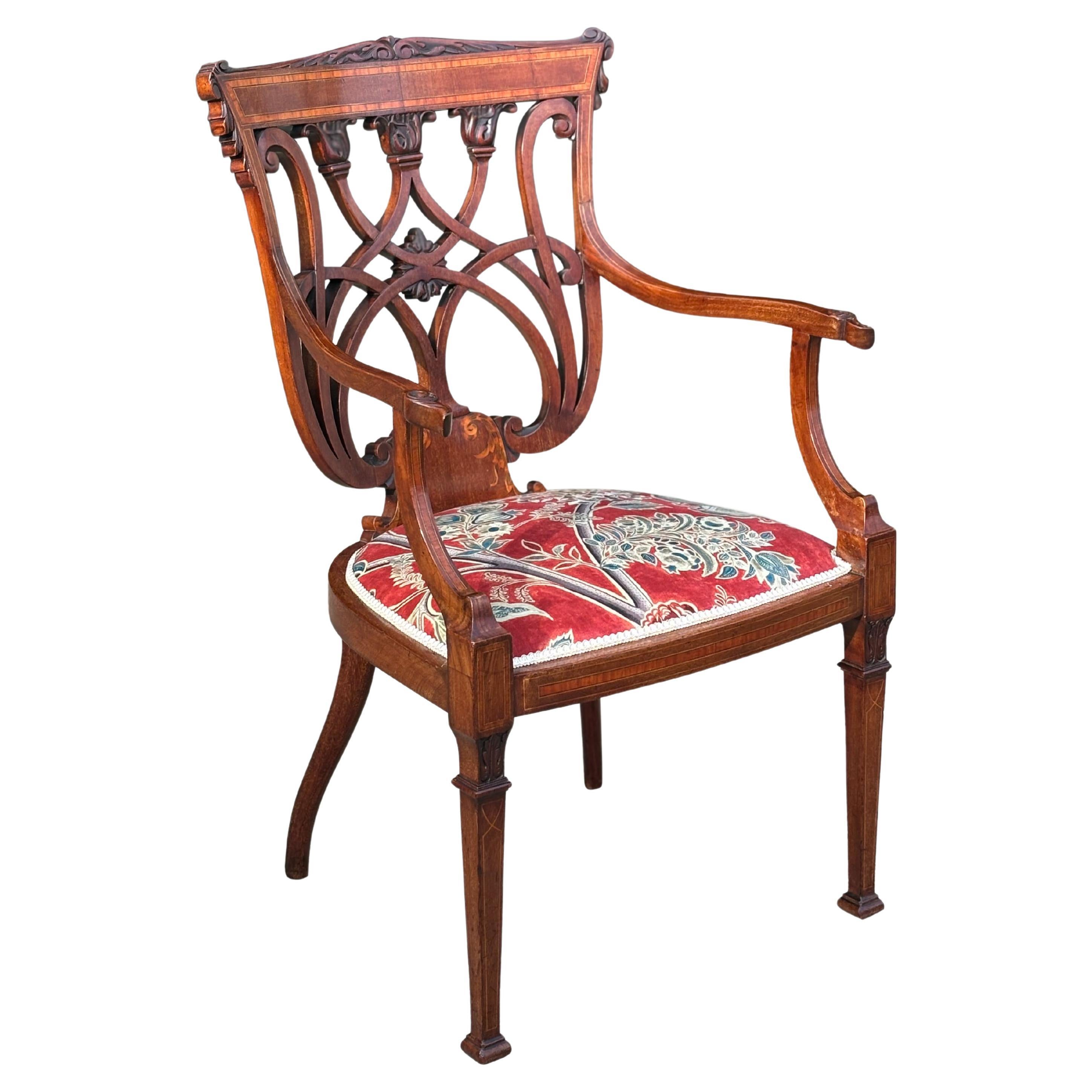 Fine Edwardian Period Marquetry and Inlay Occasional Armchair For Sale