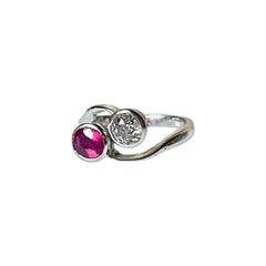 Antique Fine Edwardian Platinum Diamond Ruby Crossover Toi et Moi Ring, C 1900