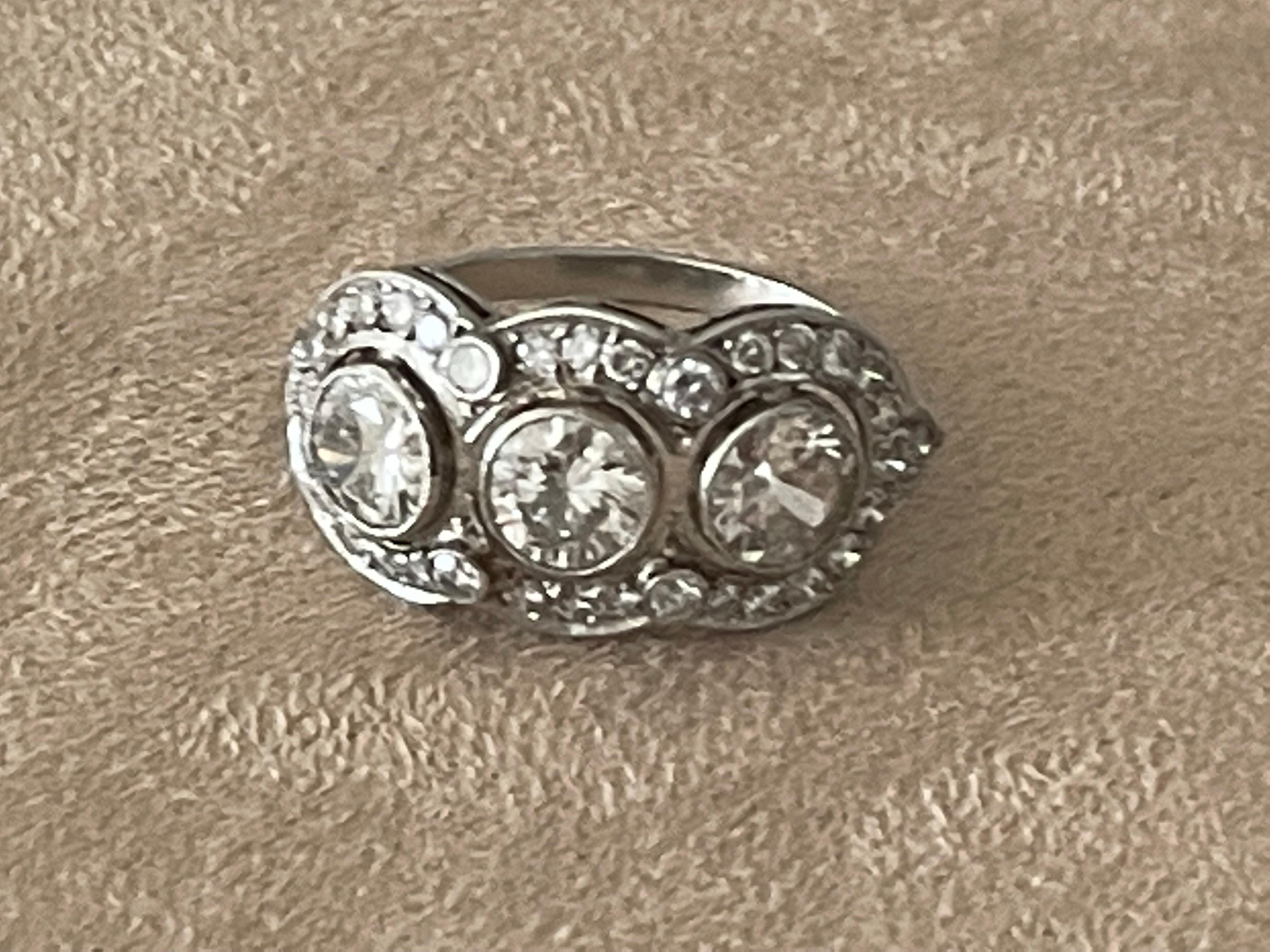 Old European Cut Fine Edwardian Three Stone Ring Platinum Diamond Ring For Sale