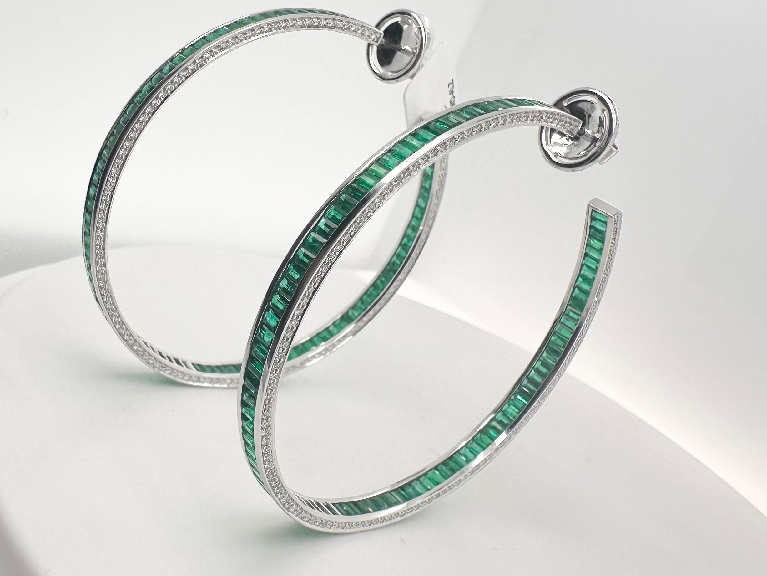 Fine Emerald & Diamond hoop earrings 18KT white gold Colombian emeralds For Sale 5