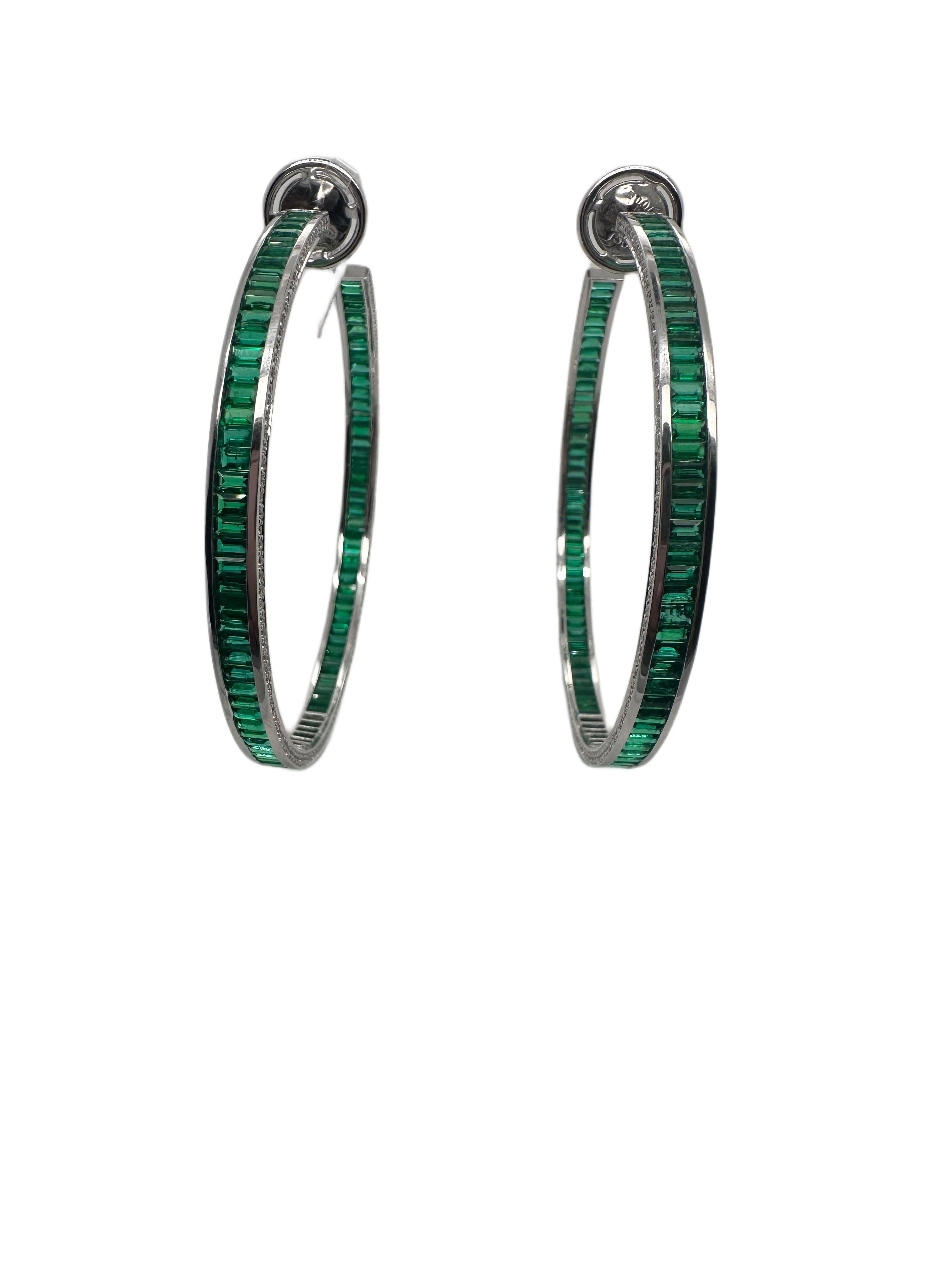 Fine Emerald & Diamond hoop earrings 18KT white gold Colombian emeralds For Sale 9