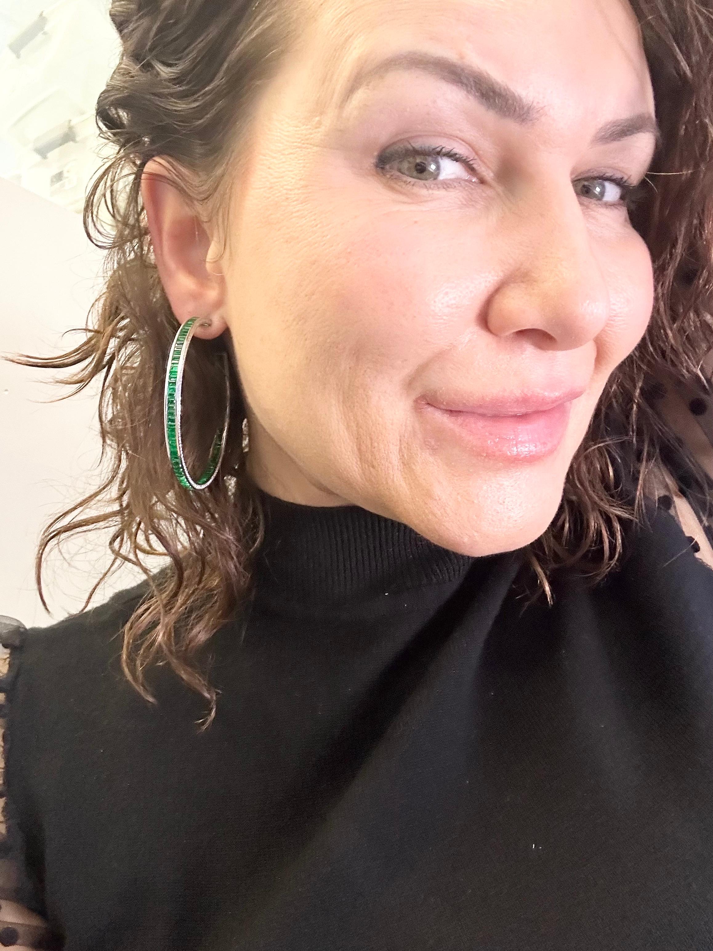 Women's or Men's Fine Emerald & Diamond hoop earrings 18KT white gold Colombian emeralds For Sale