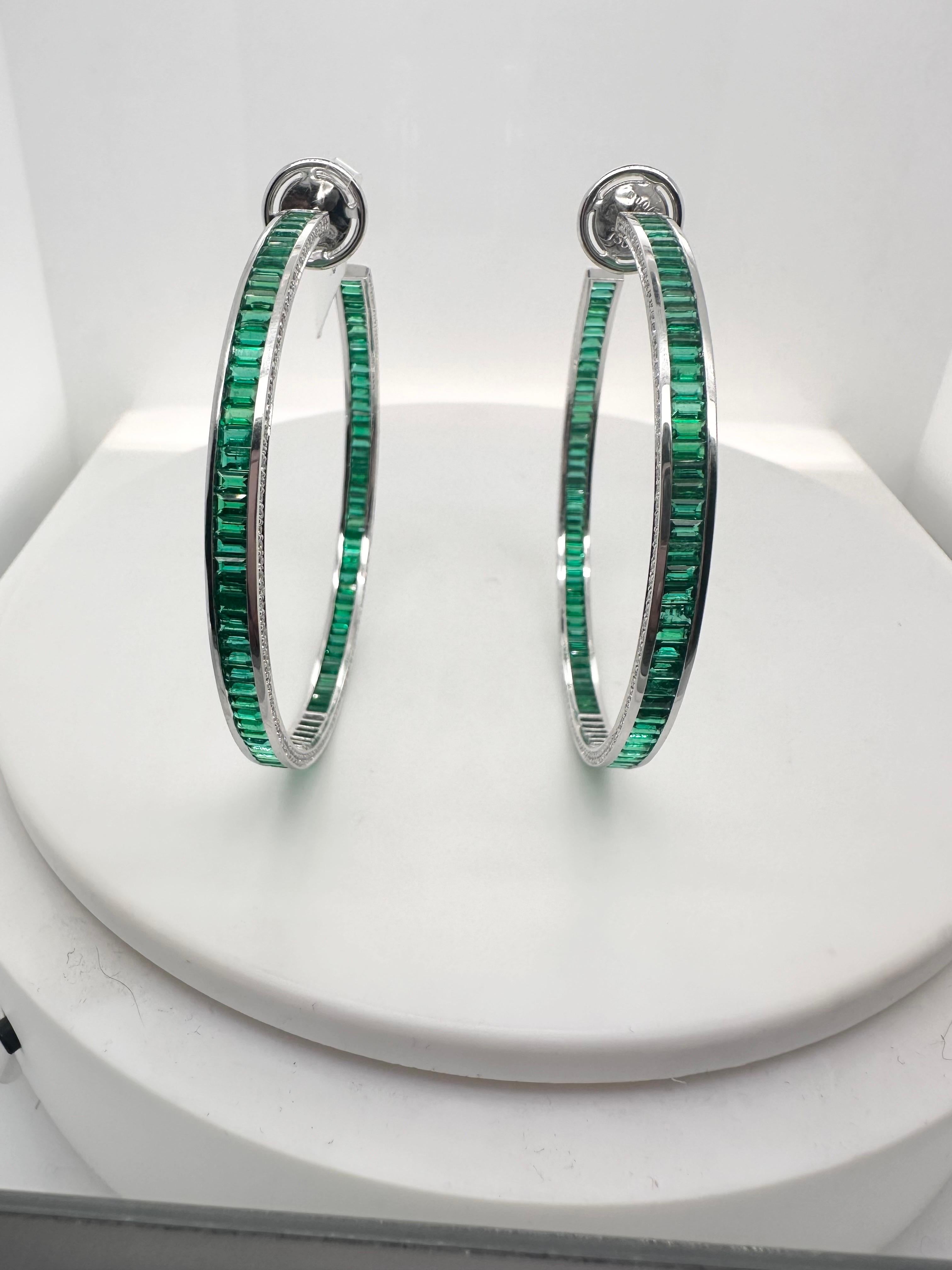 Fine Emerald & Diamond hoop earrings 18KT white gold Colombian emeralds For Sale 1