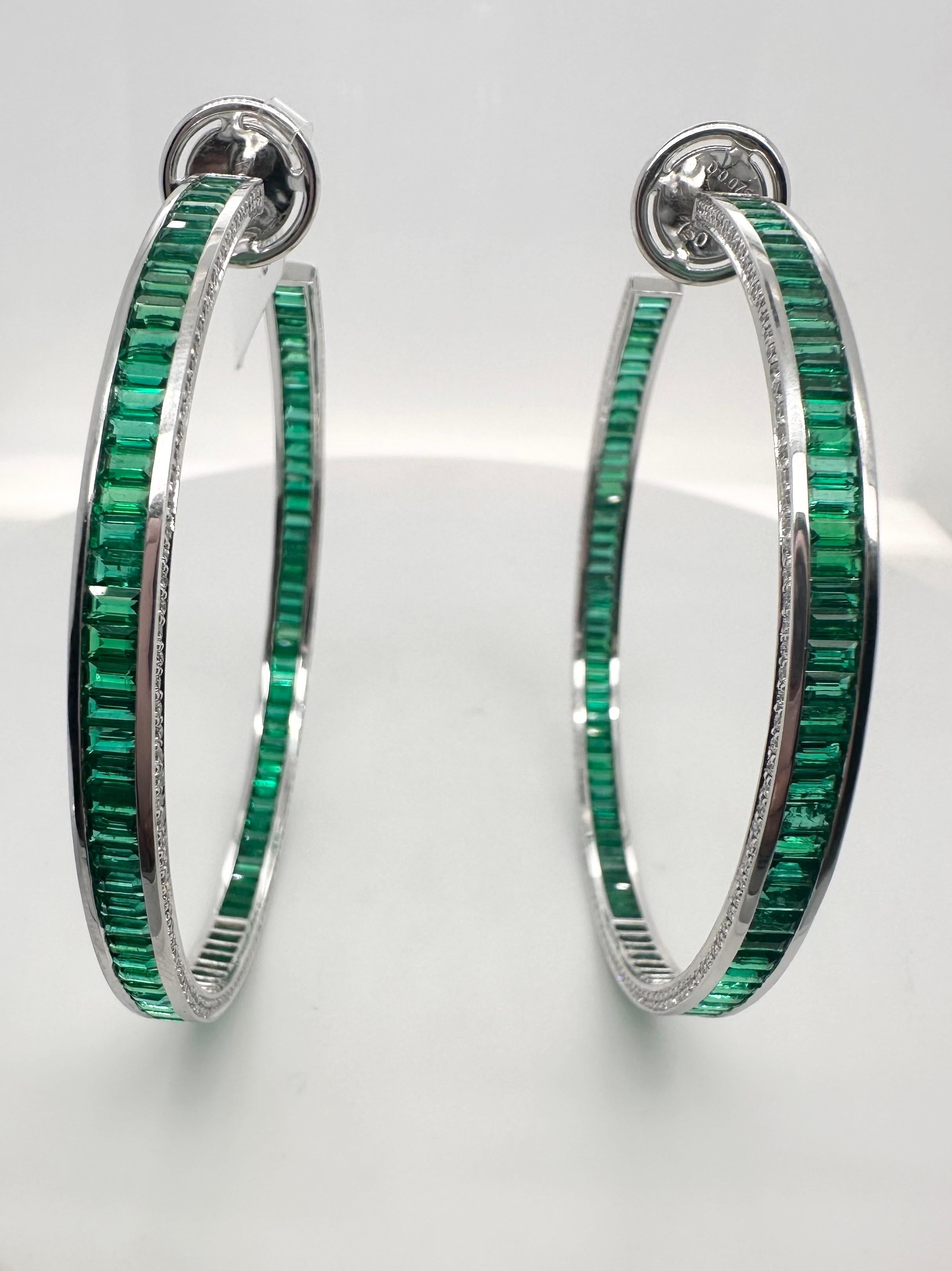 Fine Emerald & Diamond hoop earrings 18KT white gold Colombian emeralds For Sale 2