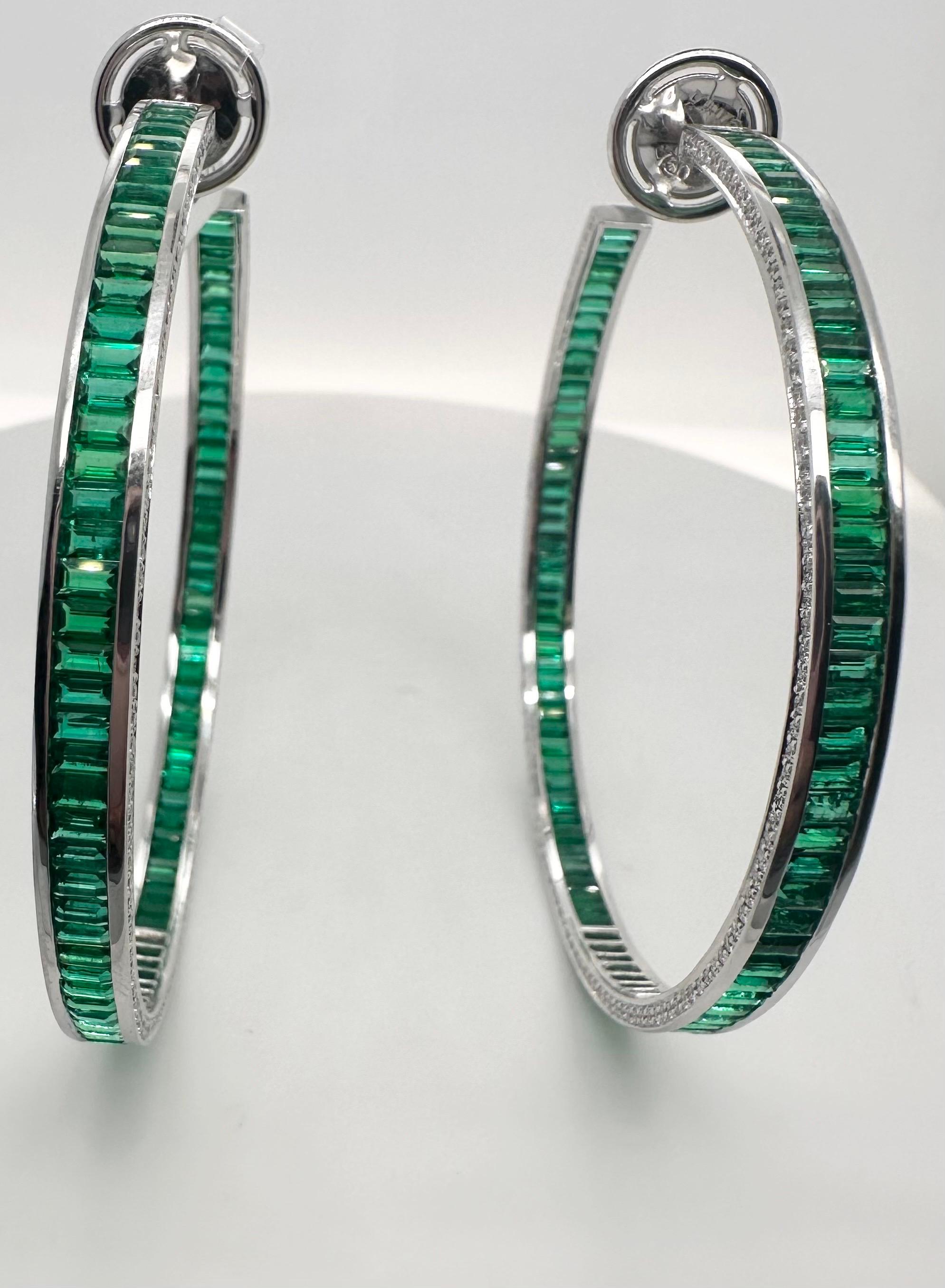 Fine Emerald & Diamond hoop earrings 18KT white gold Colombian emeralds For Sale 3